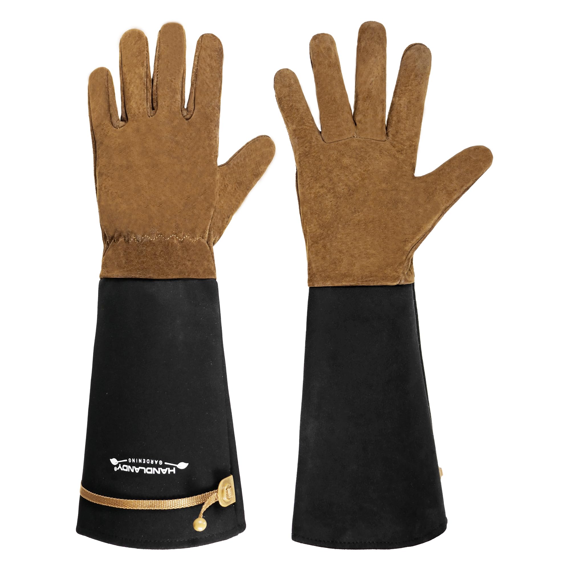 HANDLANDY Long Gardening Gloves for Men & Women, Cowhide Leather Rose Pruning Gloves, Breathable Thorn Proof Gauntlet Gloves (Brown-Cowhide, M)
