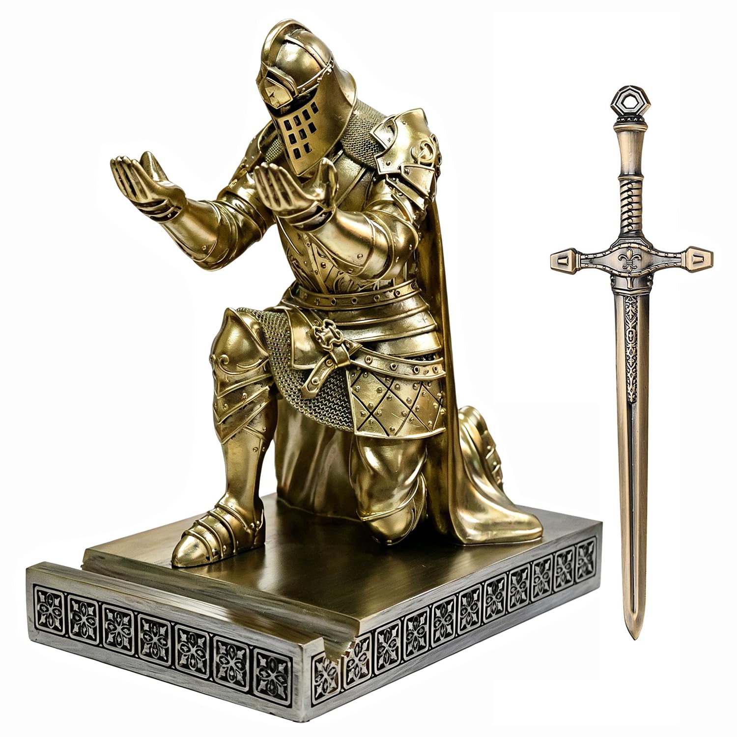 HDMbigmi King's Guard Leader Cloak Warrior Knight Pen Holder Mobile Phone Stand, Ornament Knight Statue, Pen Stand Paperweight with a Metal Sword Letter Opener for Office and Home (Bronze)