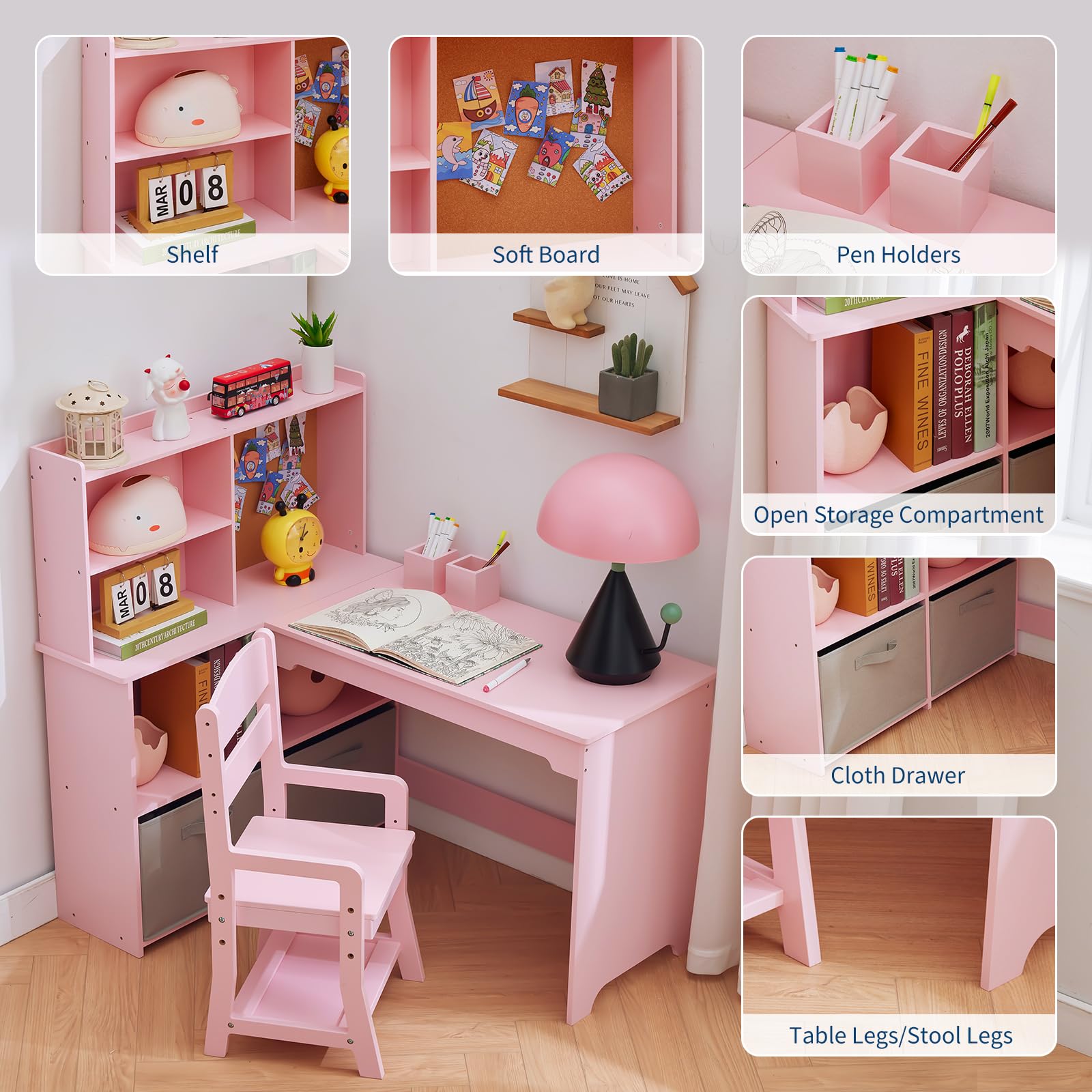 Bureau d’Angle Enfant élégant Avec Chaise Ergonomique 3-10 Ans Fille Garcon | Table d'étude L Avec Miroir,Etagères,Tableau d'Affichage,Tiroirs en tissu,Rangement Ensemble Complet Pour Etude Et Créativité