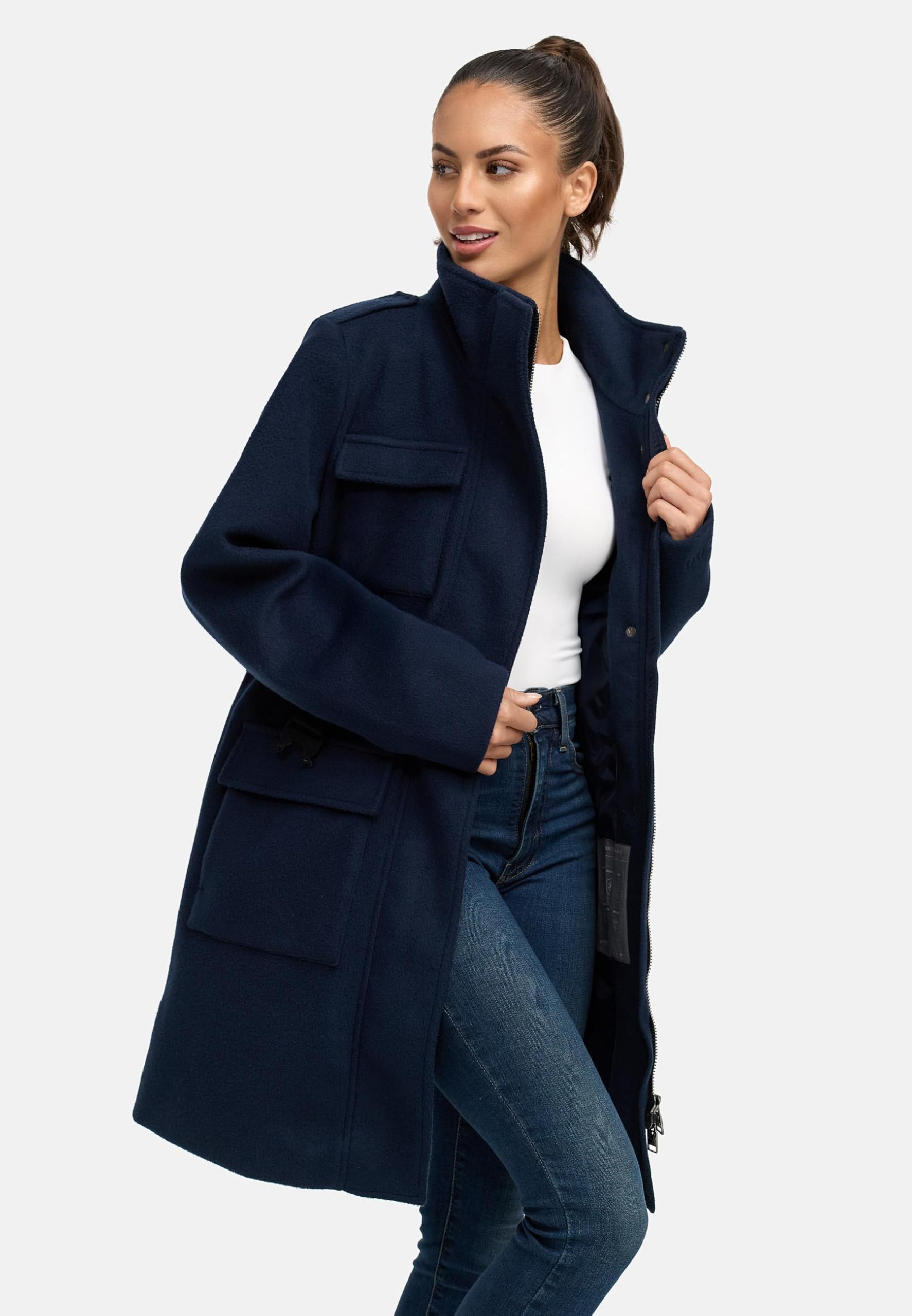 MARIKOO Damen lange Übergangsjacke Kurzmantel in Woll-Optik mit Taillengürtel Tanokoo 16 XS-XXL