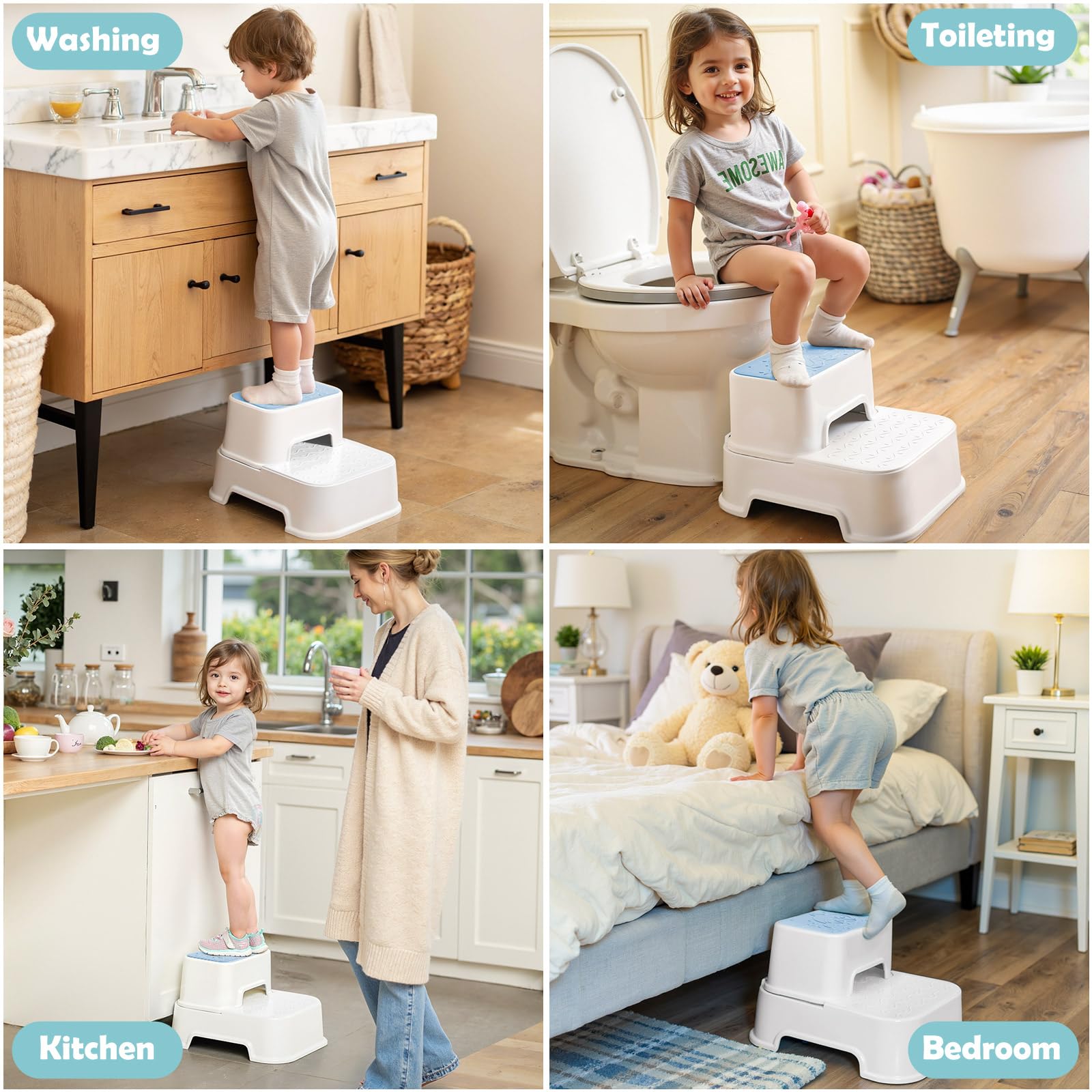 MangoHood Taburetes de 2 escalones para niños – Taburete multifuncional para inodoro para niños, taburete antideslizante para fregadero de baño, entrenamiento de orinal, cocina (azul-2 paquetes)