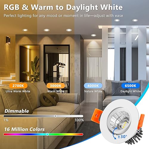 Miniatura 4 de Iluminación empotrable inteligente de 2 pulgadas, WiFi de 5 W, luz empotrada compatible con Alexa y Google Home, regulable RGB y CCT 2700-6500K,