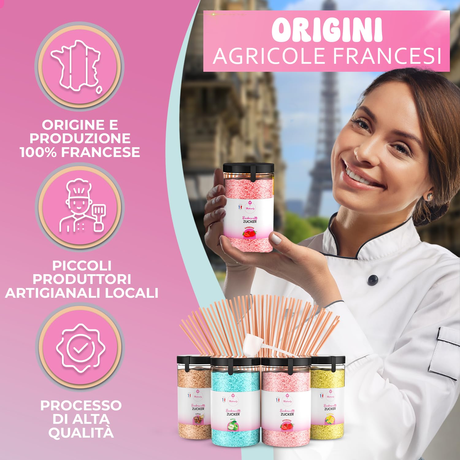 Misskandy® zucchero filato per macchina - Confezione da 4 * 240Gr - (Aromi naturali): Aromi: Fragola/Mela/Cola/Lemonio/Polvere di zucchero+ 50 bastoncini (gratis)
