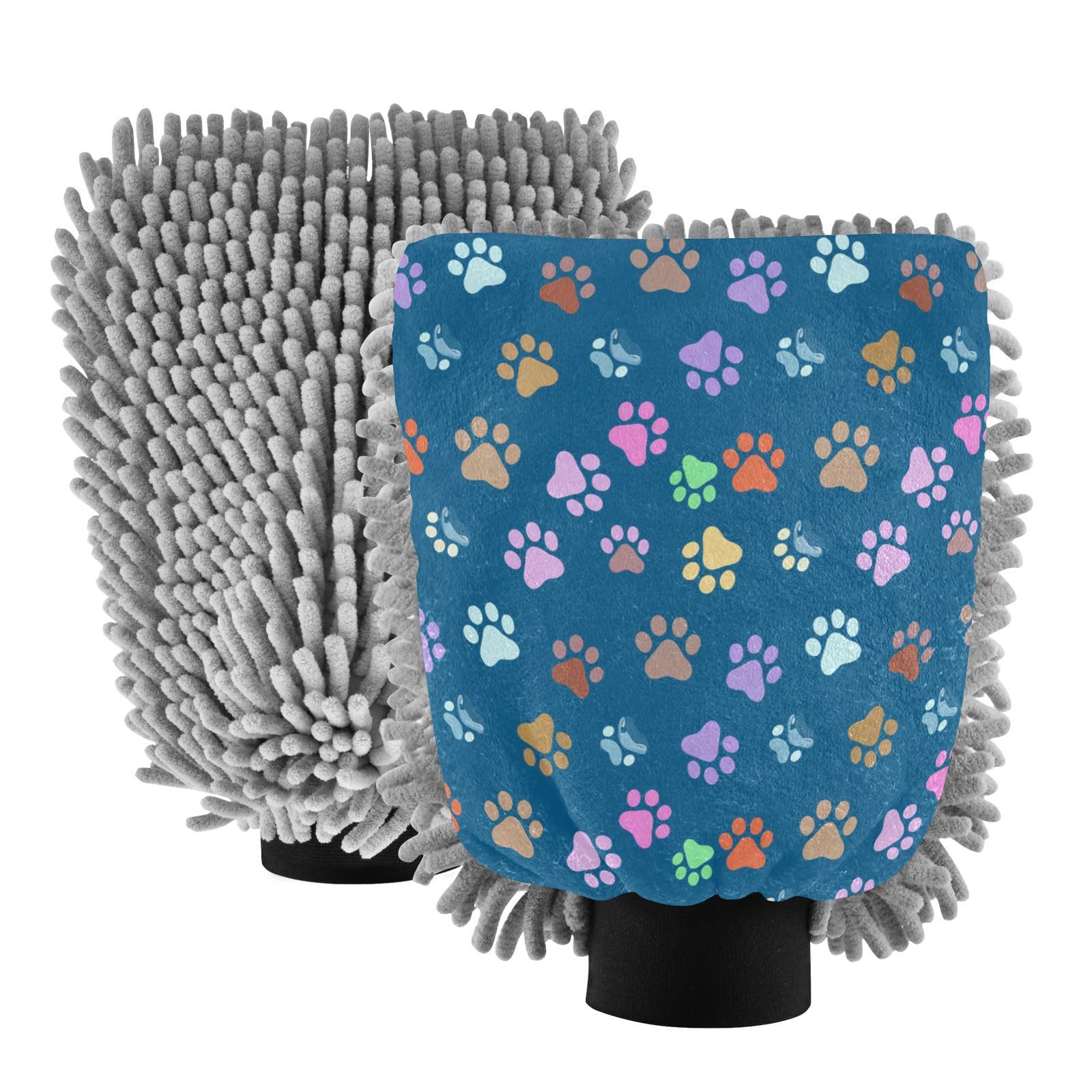 STAYTOP Colorful Paw Prints Car Wash Mitt Microfiber, 2Pcs Scratch Free Lint-Free, Premium Chenille Microfiber Mitt Car Wash Brush-L