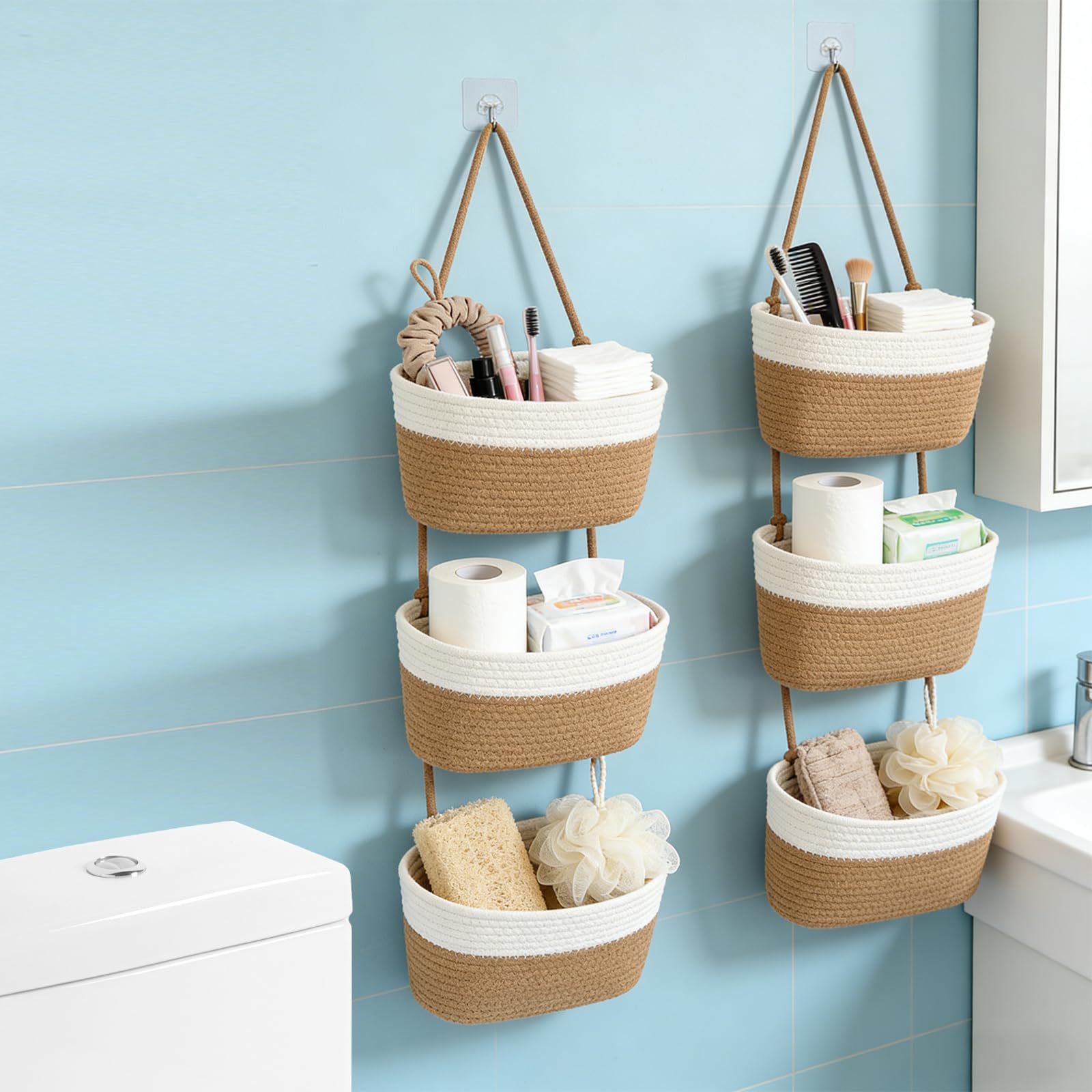 anier à Suspendre 3 Niveaux, Panier à Suspendre en Corde de Coton, Panier Mural Osier pour Salle de Bain, Cuisine et Chambre, Over the Door Storage, Marron Clair