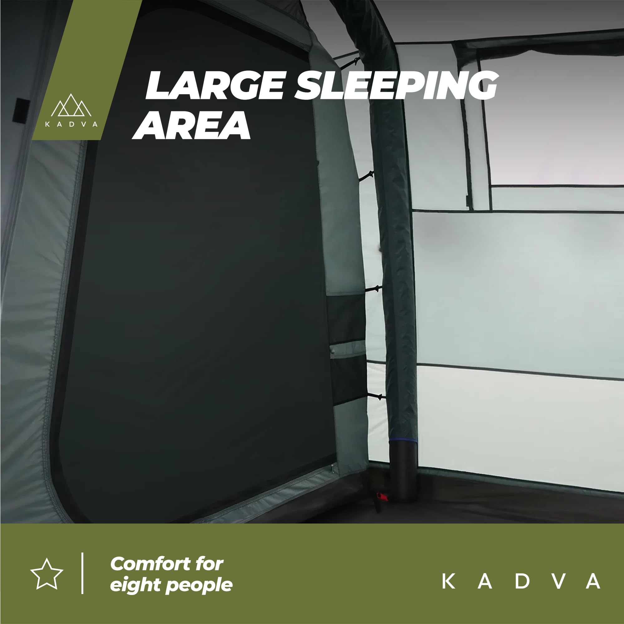 KADVA Namiot Kempingowy AIRcamp 8.44 Osobowy Tunelowa Konstrukcja 640 x 205 x 195 cm Wodoodporność 3000 mm Dwie Sypialnie Przestronny Przedsionek Łatwy Transport Praktyczne Kieszenie Kolor Zielony
