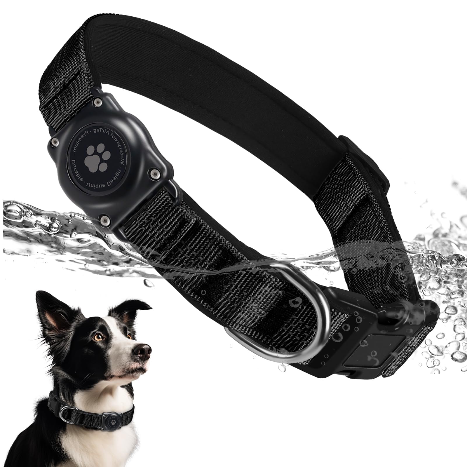 Upgraded AirTag Hundehalsband, IP68 Wasserdicht AirTag Hundehalsband Halter, Reflektierend, Ultra-Durable, Komfortabel Gepolstert, Heavy Duty Hundehalsbänder für Kleine Mittlere Große Hunde[Schwarz,L]