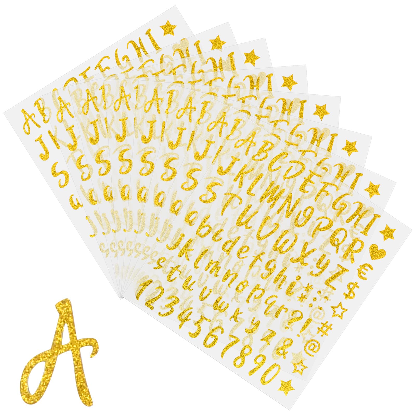 Zsanhua 8 Sheets Glitter Letter and Number Alphabet Stickers - Self-Adhesive DIY Labels for Scrapbooking, Greeting Cards, Graduation Cap Decoration (Gold)