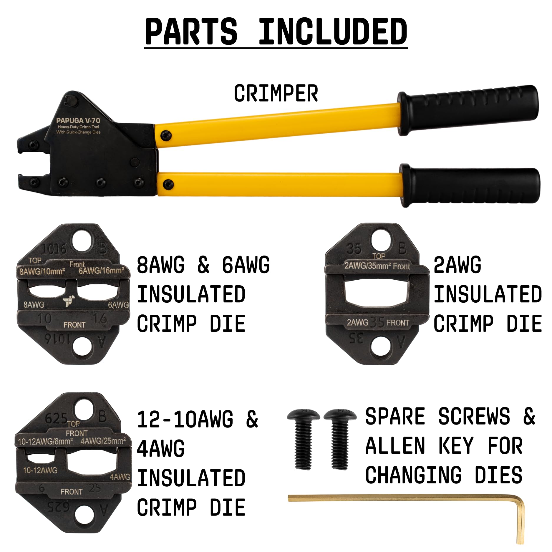Papuga V-70 - Pinza crimpatrice per connettori elettrici isolati da 12-2 AWG (6-25 mm²), stampi intercambiabili, strumento di crimpatura per terminali a 2 mani per anelli, forcella, testa, terminali a