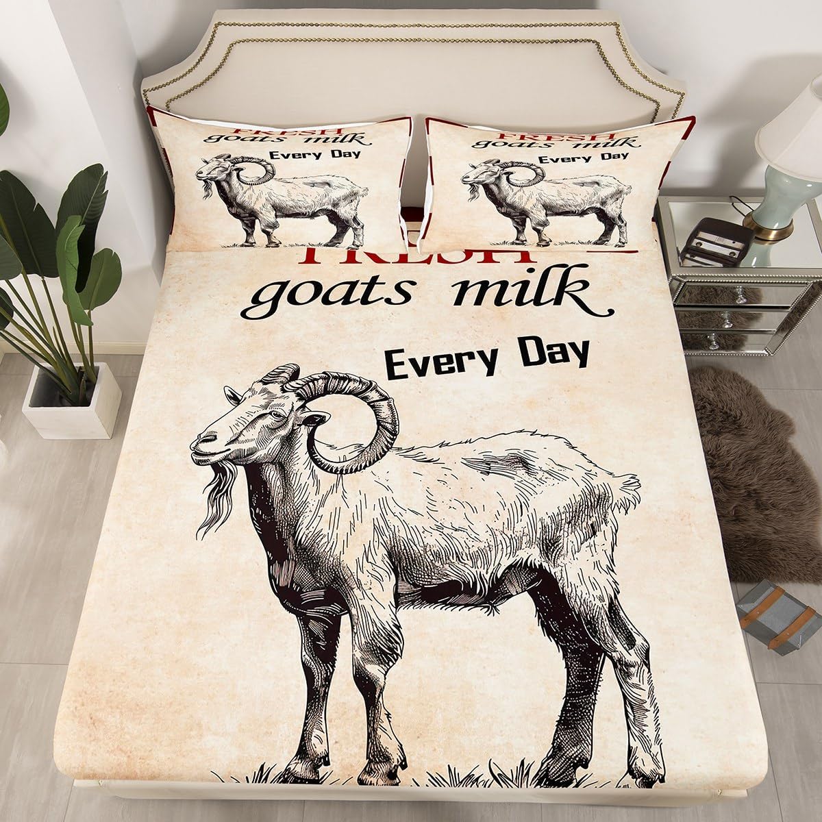 Farm Animal Bed Sheets Set Queen, Goats Milk Sheet Set for Toddler Newborn Kids Happy Thanksgiving Sheets Hand Drawn Black Sketches Cartoon Goat Bedding Set, Fitted Sheet Top Sheet 2 Pillowcases