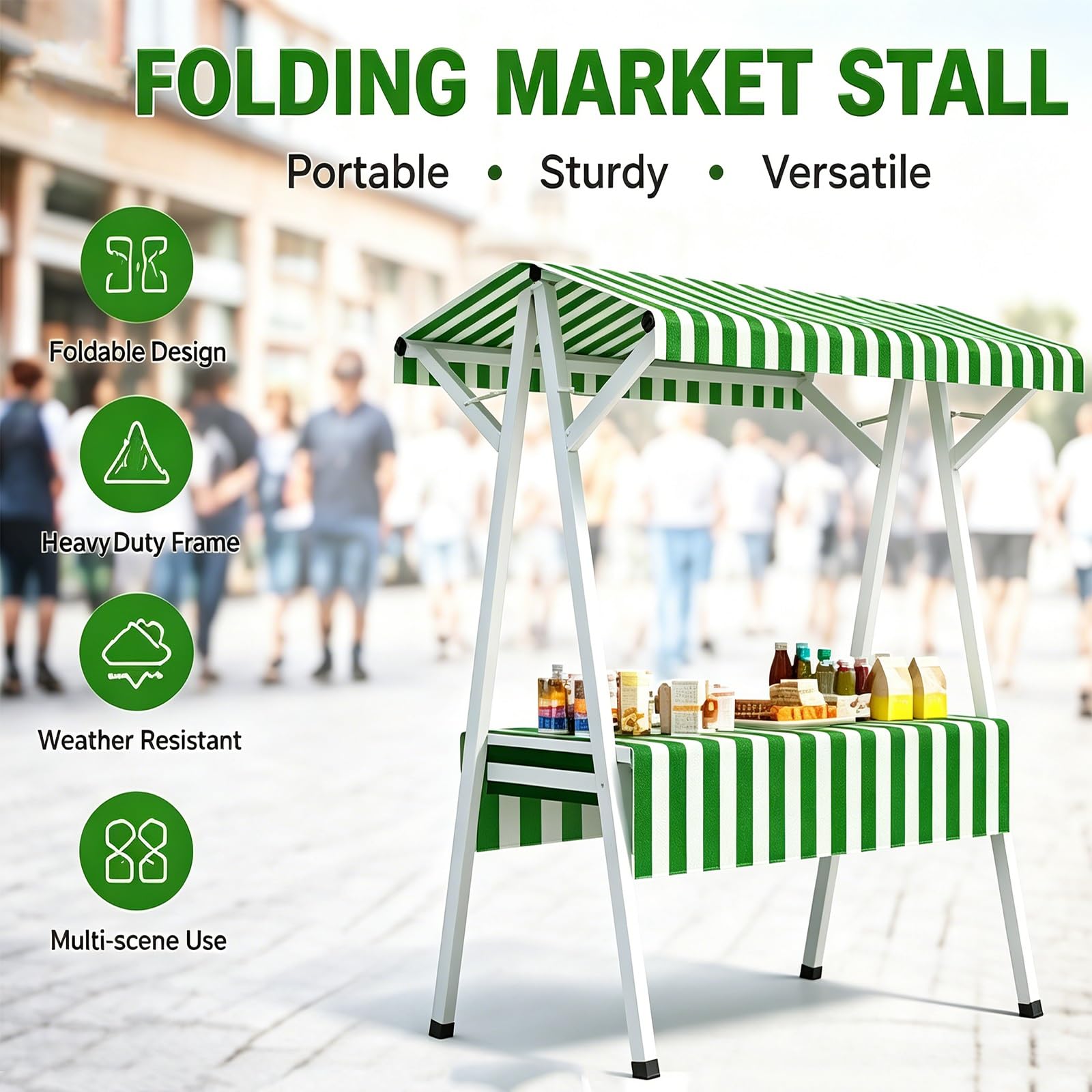 Bancarella pieghevole con tettoia, Carretto portatile per mercati, fiere e vendita ambulante all’aperto(Blue,160x60x200cm/63x24x79in)