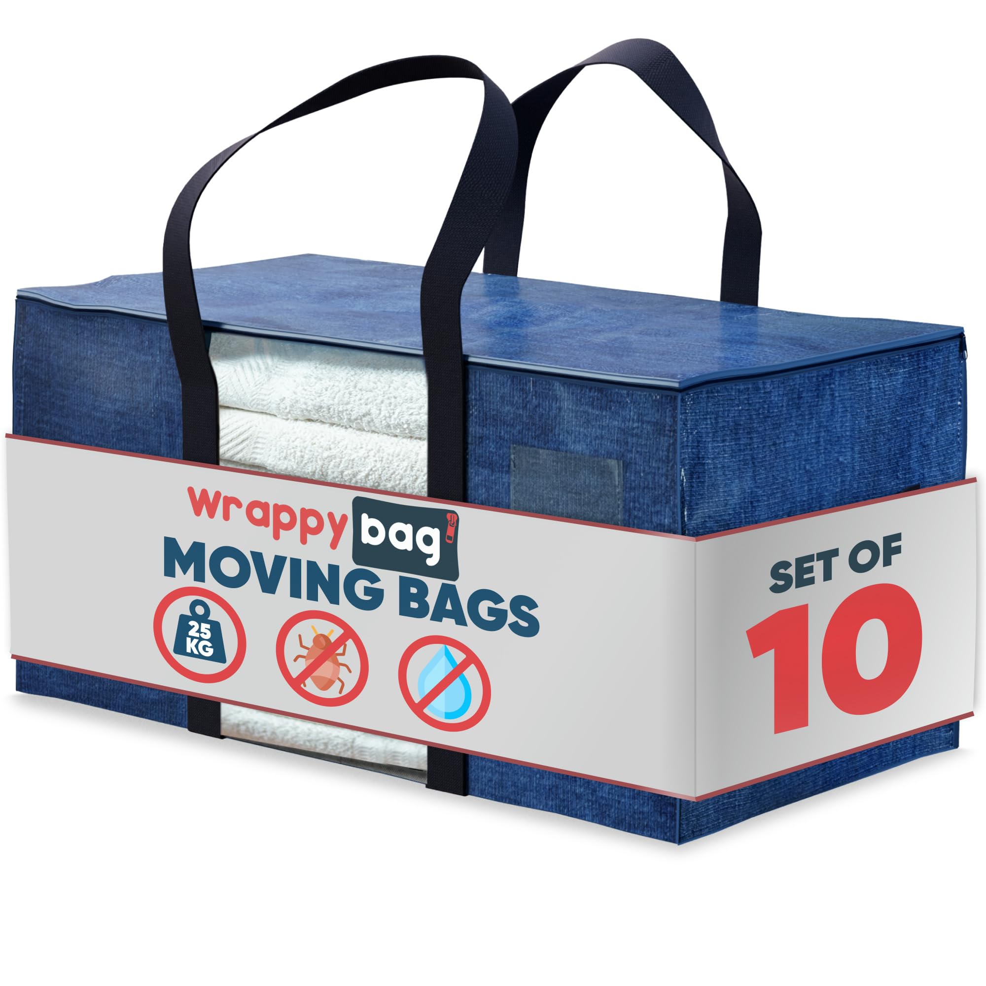 WRAPPYBAG Pack of 10 XXL Storage Bags – with transparent window - Packing bags for Moving House – Water-reppelent with Reinforced Handles – for Clothes & Bedding storage – 75 x 36 x 38 cm