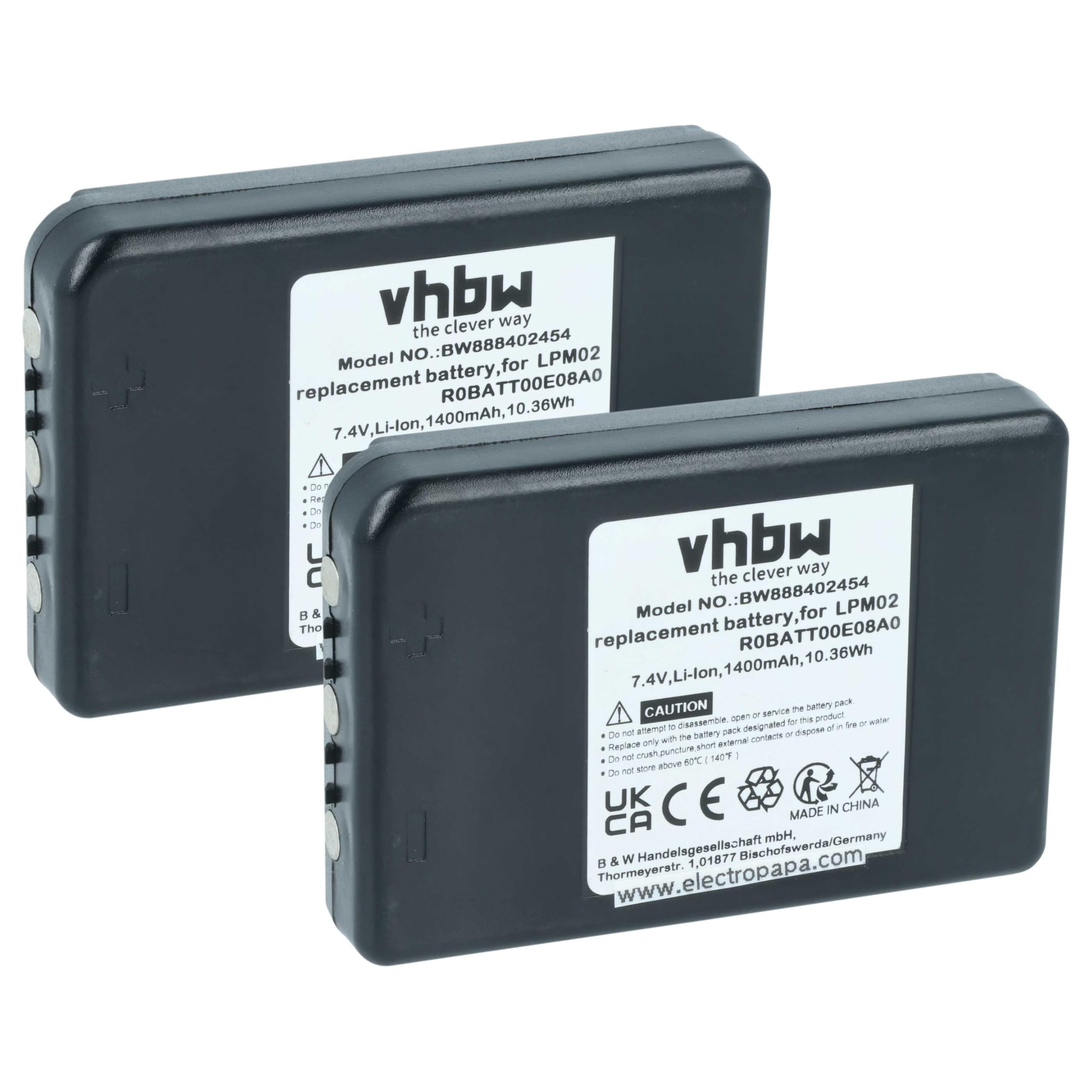 vhbw 2X batería reemplaza Autec R0BATT00E08A0, LPM02 para Mando a Distancia Industrial (1400 mAh, 7,4 V, Li-Ion)