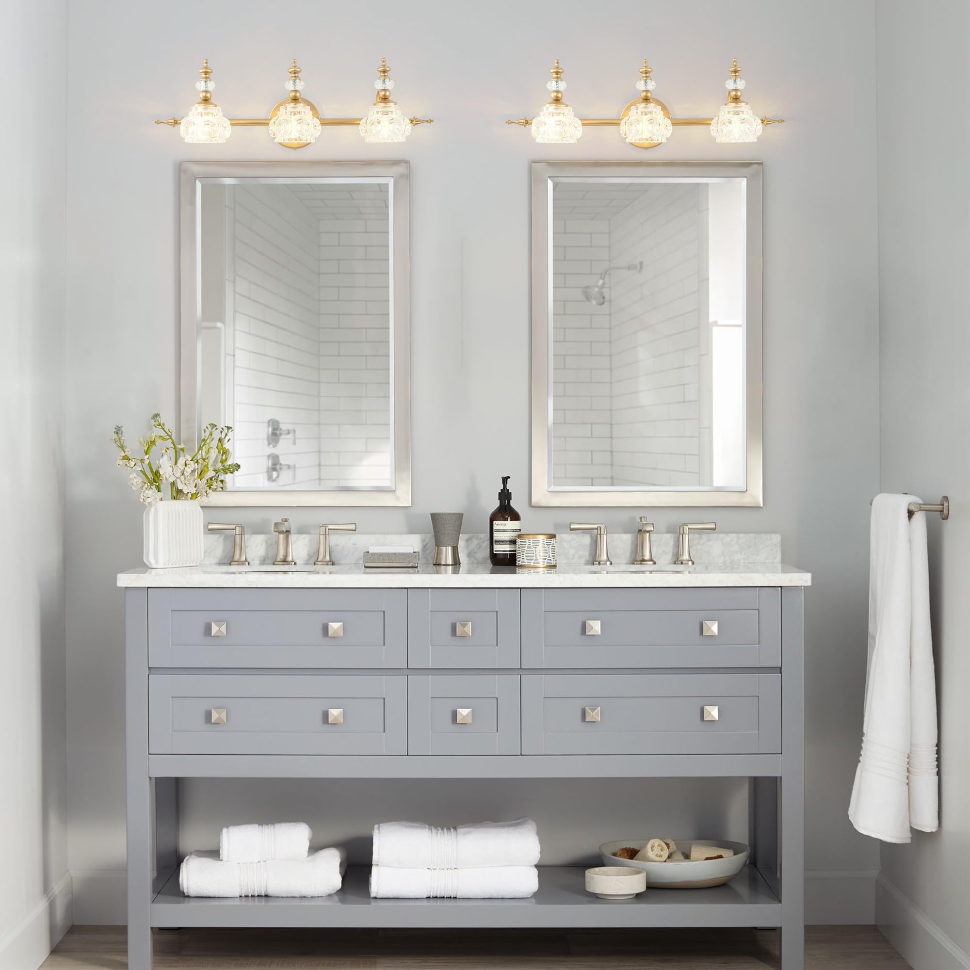 Bathroom Vanity Light Fixtures, Farmhouse Vintage Wall Sconce Lighting with Glass Shade, Bath Vintage Wall Mounted Lamps for Mirror (3 Lights,Gold,G9 Base)