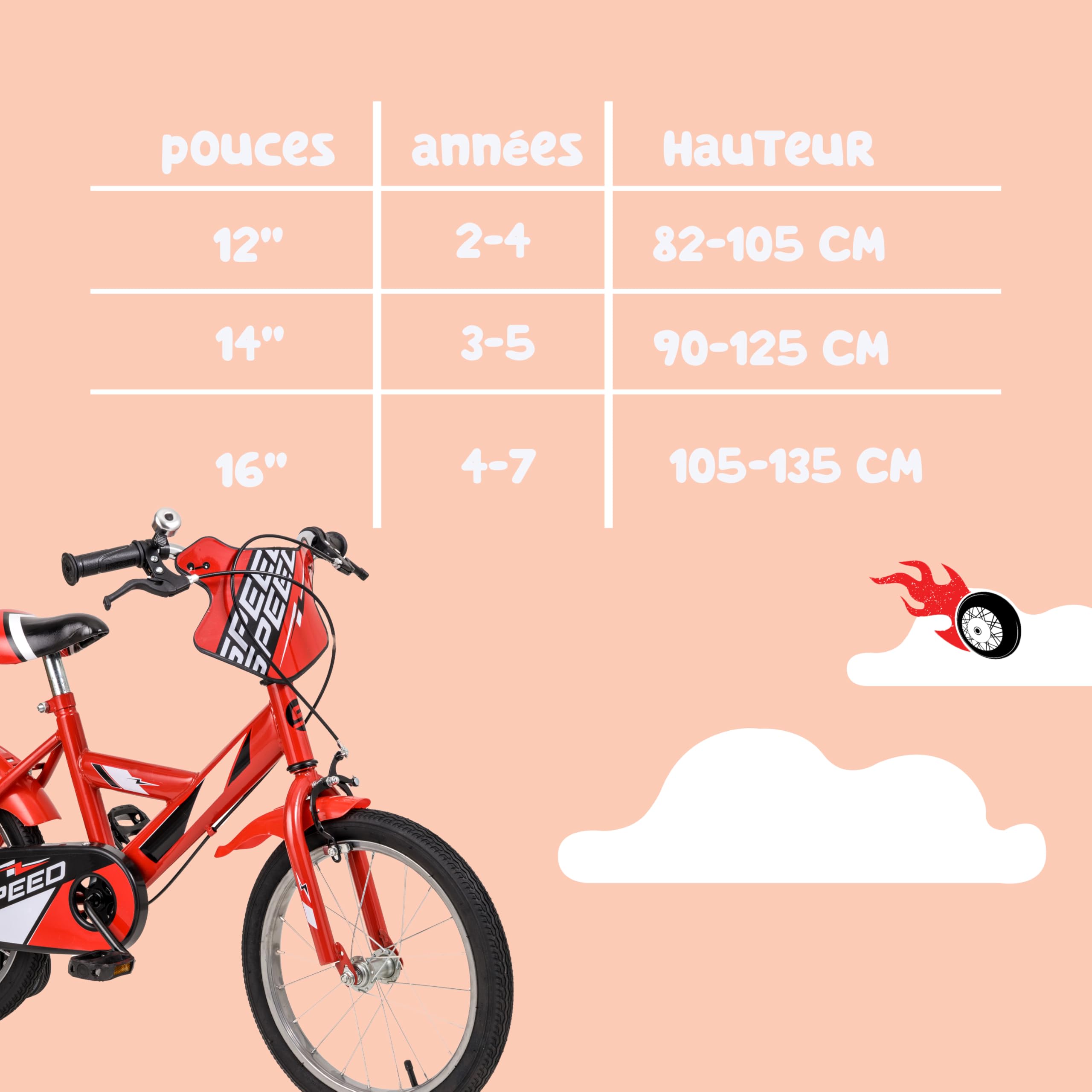 Baroni Toys Vélo rouge pour enfant avec roues incluses, vélo de sport pour enfants en acier, vélo pour enfants de 4 à 7 ans, taille 12", 14" et 16"