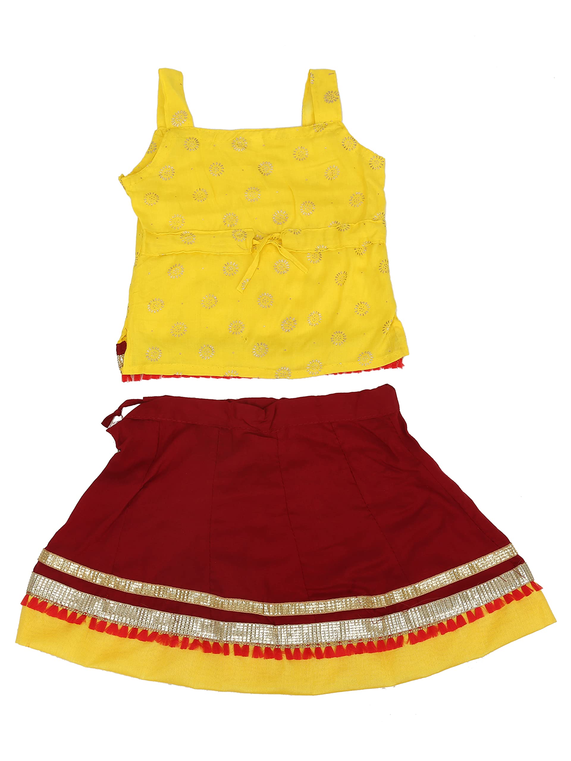 Anchal Collection Baby Girl's Cotton Skirt Top Heavy Border in Yellow and Maroon stylish dress combo set 2019 (1-2 years) 1