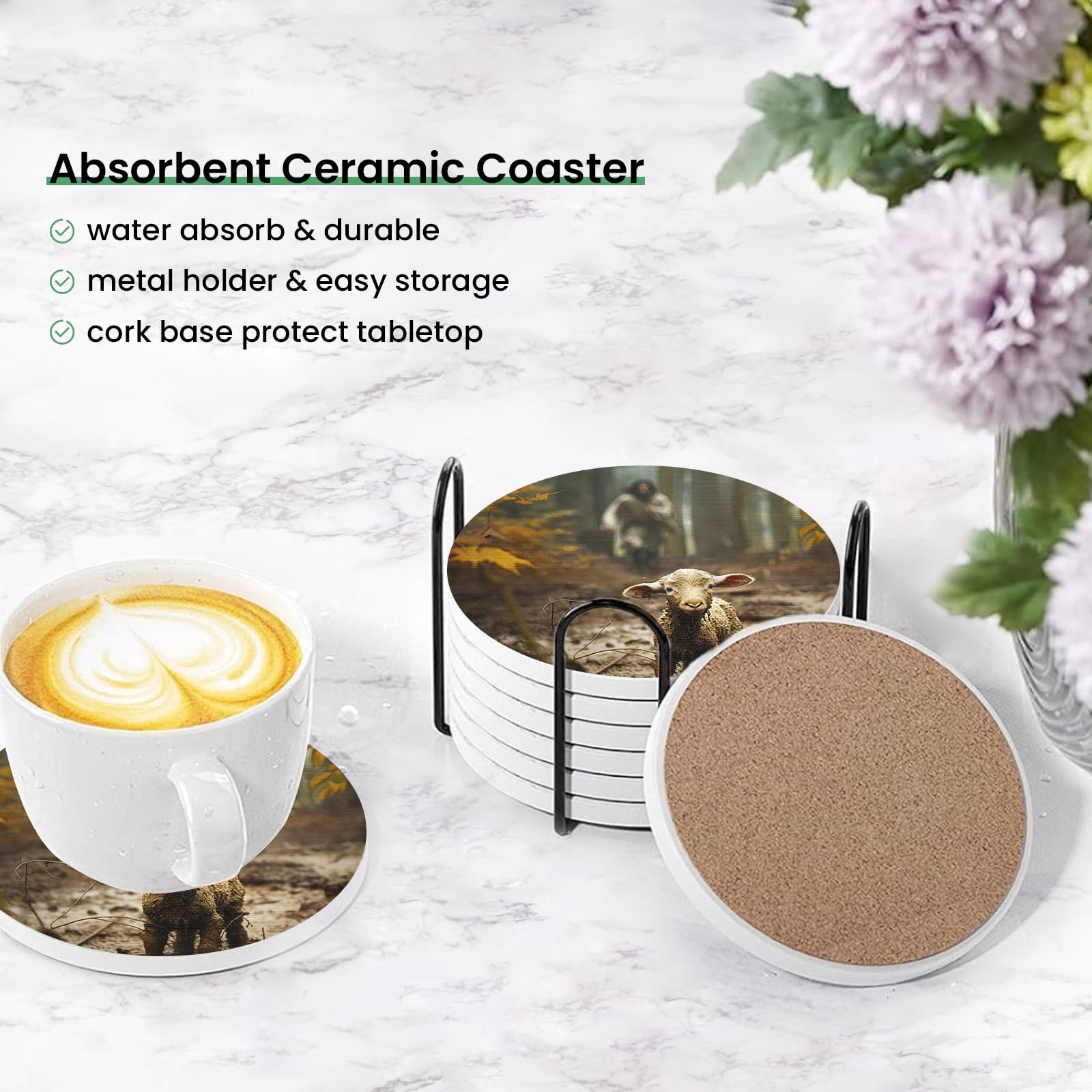 Set di 6 sottobicchieri rotondi assorbenti in ceramica con supporto in metallo, motivo: Gesù che corre dopo aver perso l'agnello con base in sughero, per cucina, feste, regali