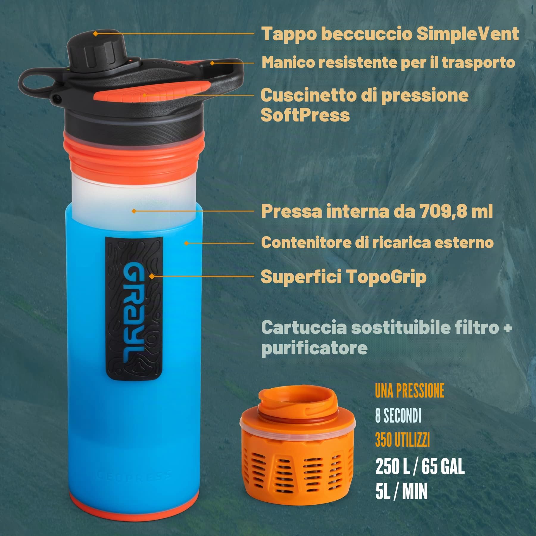GRAYL GeoPress - Bottiglia purificatore d'acqua da 710 ml, filtro per escursionismo, campeggio, sopravvivenza, viaggi (blu bali)