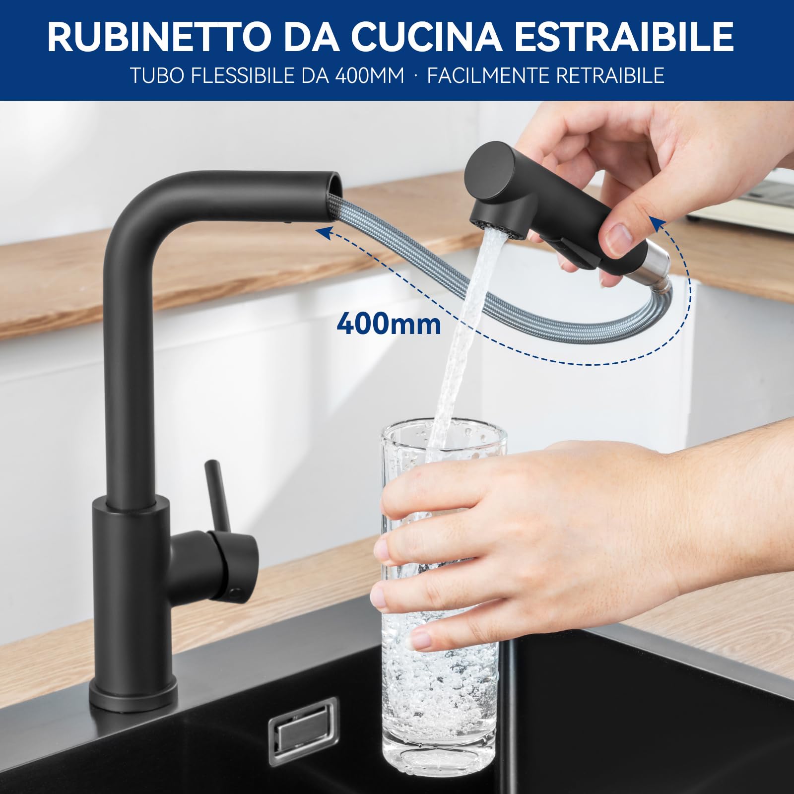 CECIPA Rubinetto Lavello Cucina Nero con 2 Modalità, Miscelatore Cucina con Doccetta Estraibile, Rubinetto con Beccuccio Girevole a 360°, Acqua Calda e Fredda, Acciaio Inox 304 (Nero)
