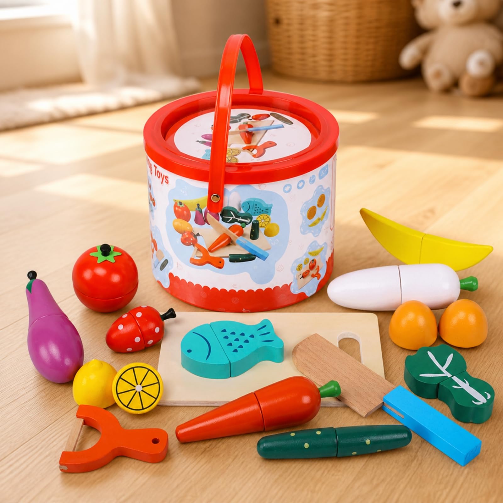 Set di Alimenti Vegetali Giocattolo con Secchio Realistico Kit di Giocattolo con Tagliere e Strumento Tossico