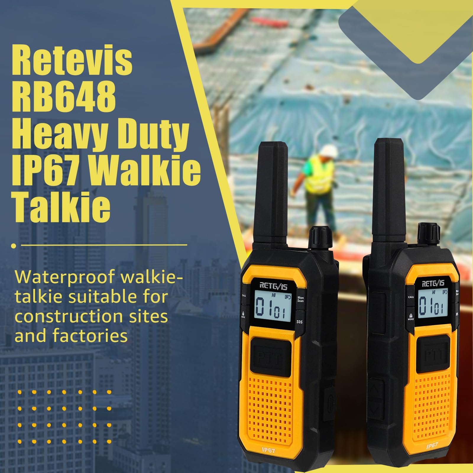 Retevis RB648 Walkie Talkie Impermeabile, Walkie Talkies Resistente, Tripla Prova Avanzata, IP67 Doppio PTT, Vibrazione SOS, Radio Bidirezionale 2000 mAh con Auricolare per Cantiere (2 Pezzi, Giallo)