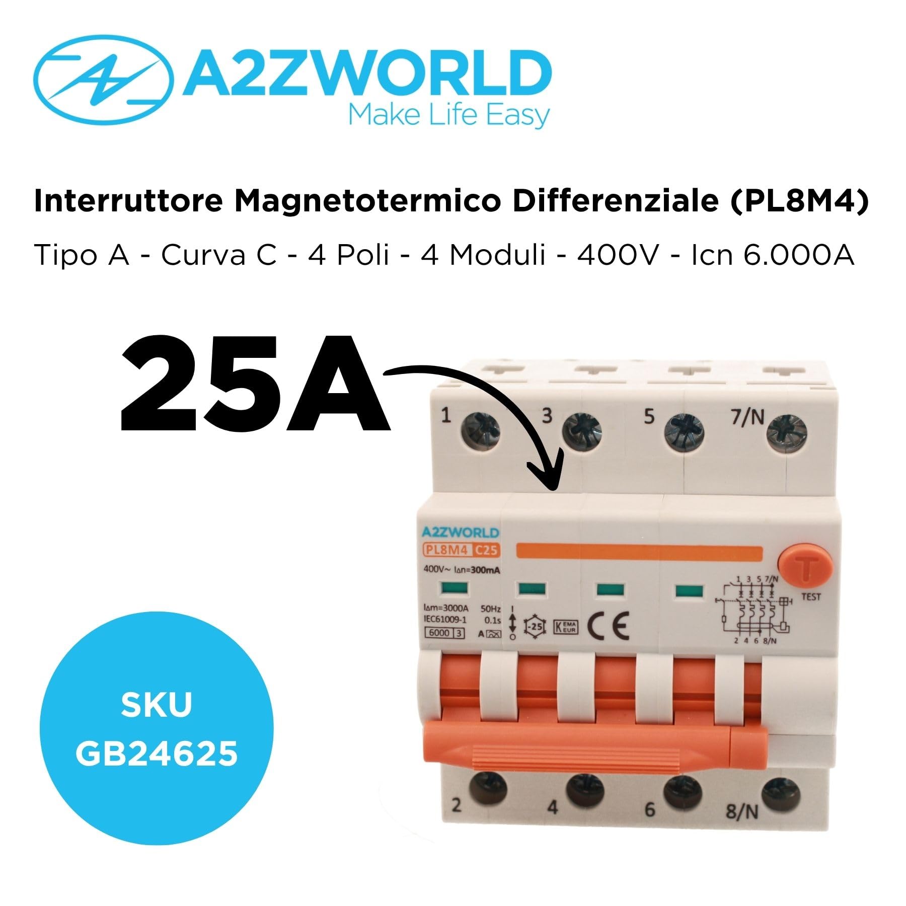 Interruttore Magnetotermico Differenziale Trifase, Tipo A 300mA 25A C25, 380V 4P Vero (NO 3P+N), Curva C 6kA 0,3A, Doppio Leva con Diagnostica Visiva, 4 Moduli DIN