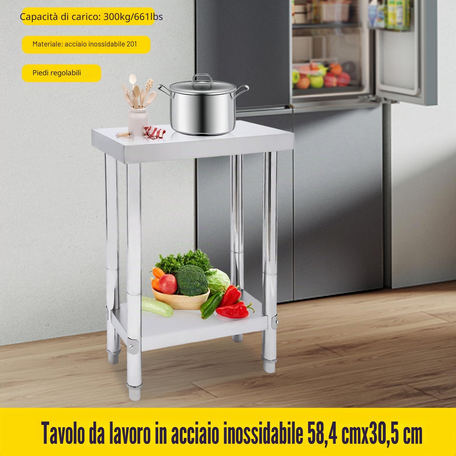 Tavolo da Lavoro in Acciaio Inox a 2 Livelli, Piano da Cucina Con Ripiano Regolabile in Altezza per Preparazione Alimenti (60 x 30 x 85)