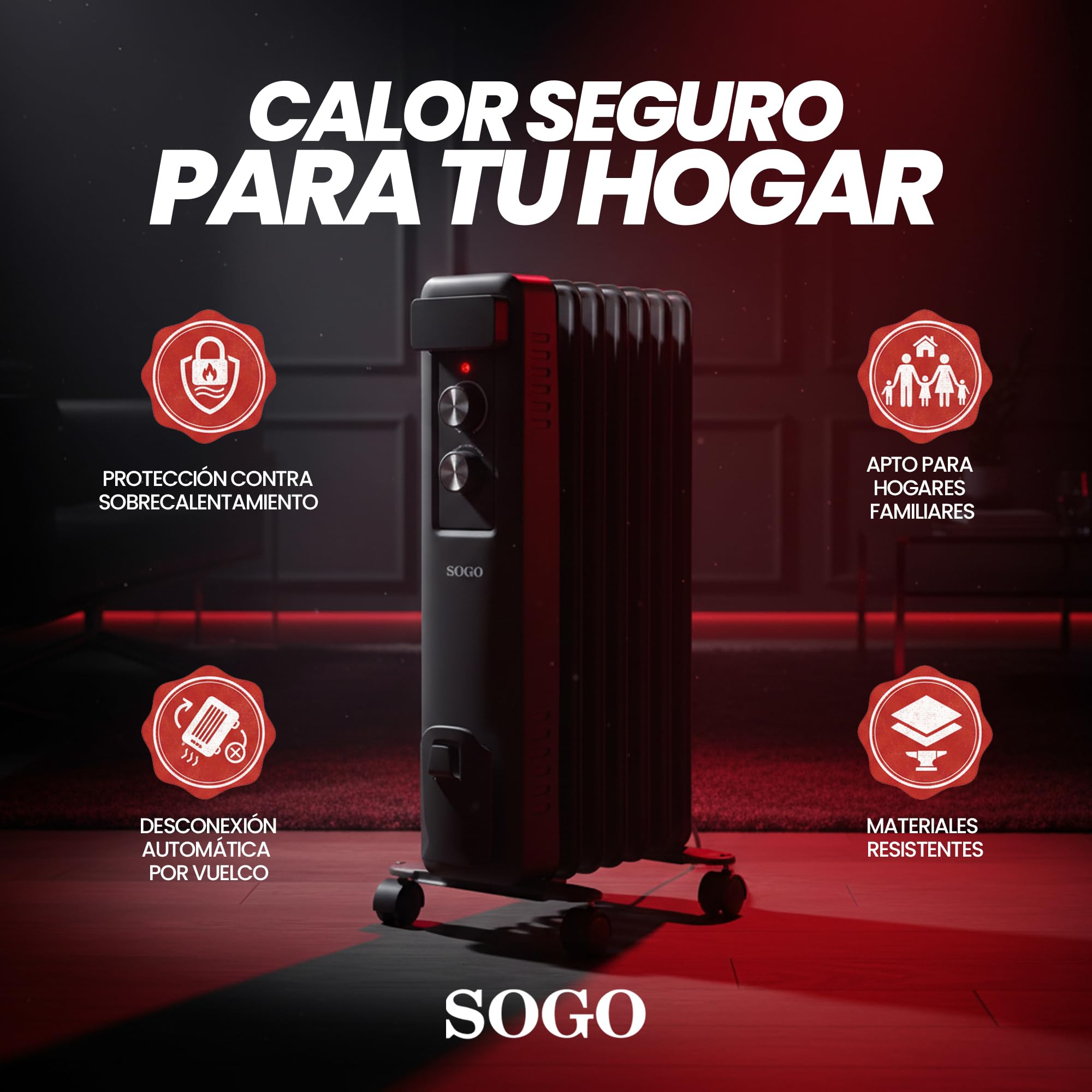 Sogo RADIADOR para hogar Estufa de Aceite de alta eficacia 7 ELEMENTOS – 1500W Negro, con ruedas (SS-18455)
