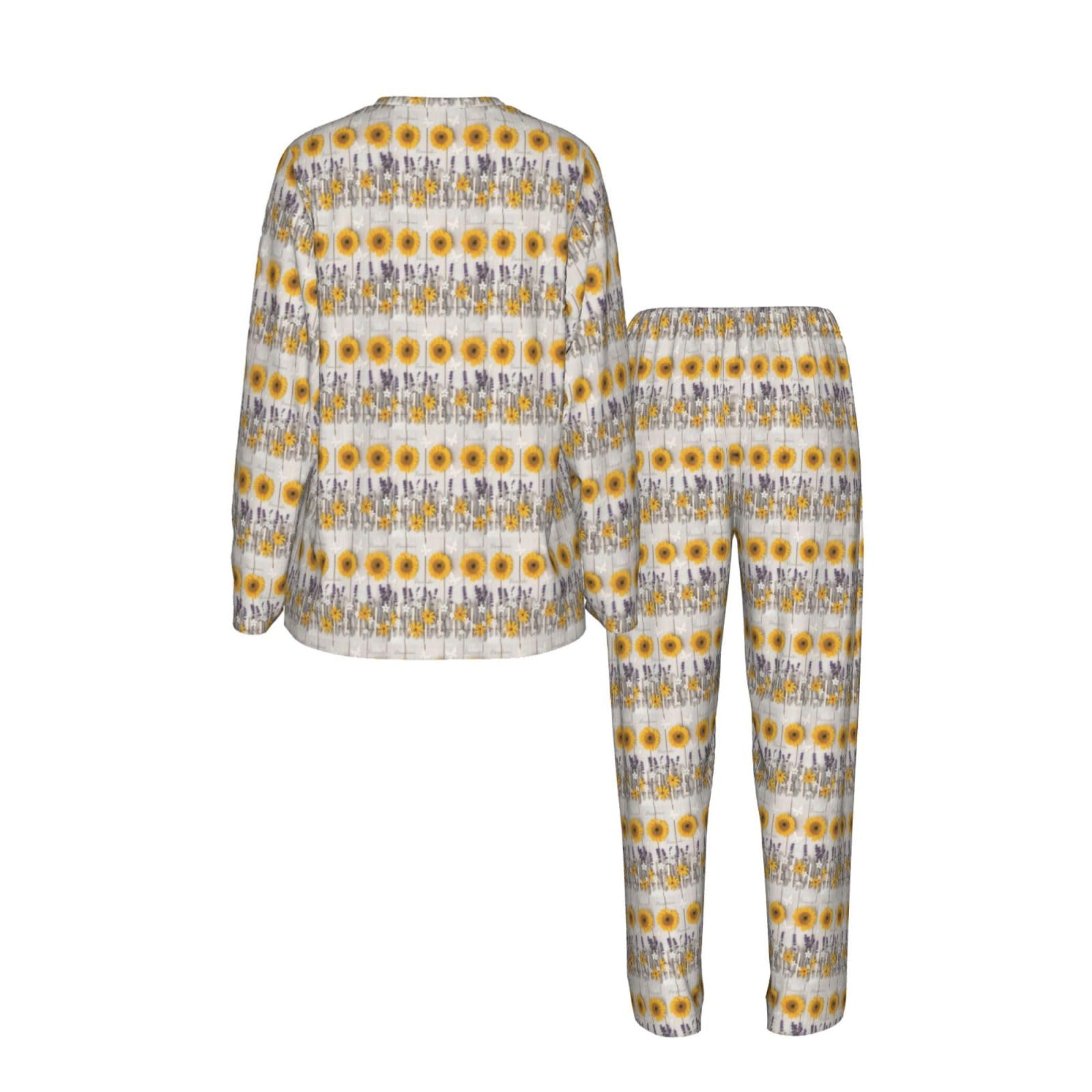 Girasoli su stampa in legno da donna a maniche lunghe pigiama coordinato morbido spiaggia vacanza biancheria da notte regalo casual