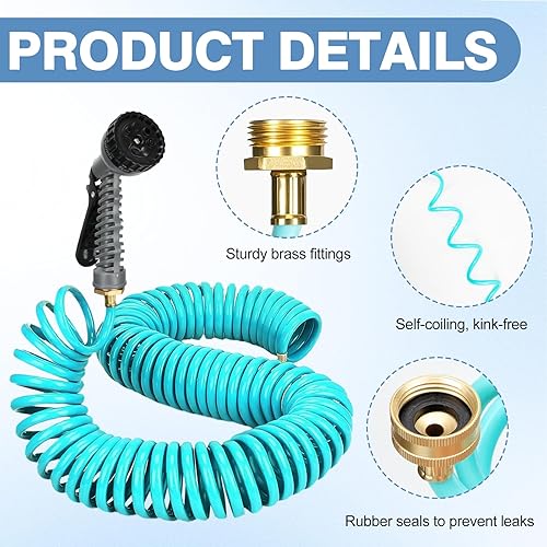 Miniatura 3 de Manguera de jardín ligera en espiral de 100 pies y 38 pulgadas, EVA, flexible, con 7 boquillas de función y conectores de latón para plantas de