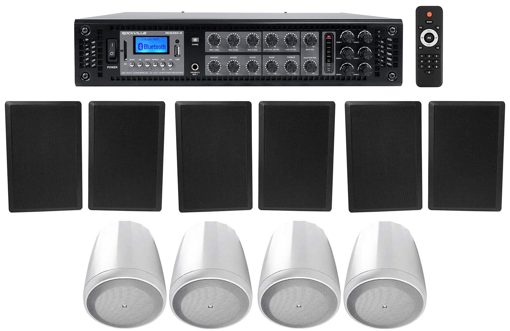 Rockville Bundle: (1) RCS350-6 350 Watt 6 Zone 70v Commercial Amplifier Bundle with (6) RockSlim 70B Black 5.25