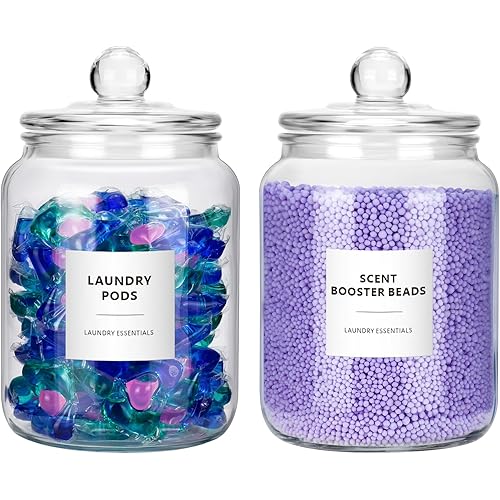 Glass Jars for Laundry Room Organization - 2 Pack, 0.5 Gallon Glass Containers with Lids, Perfect for Dryer Sheets, Laundry Pods, Scent Boosters, and more - Convenient Laundry Room Solution