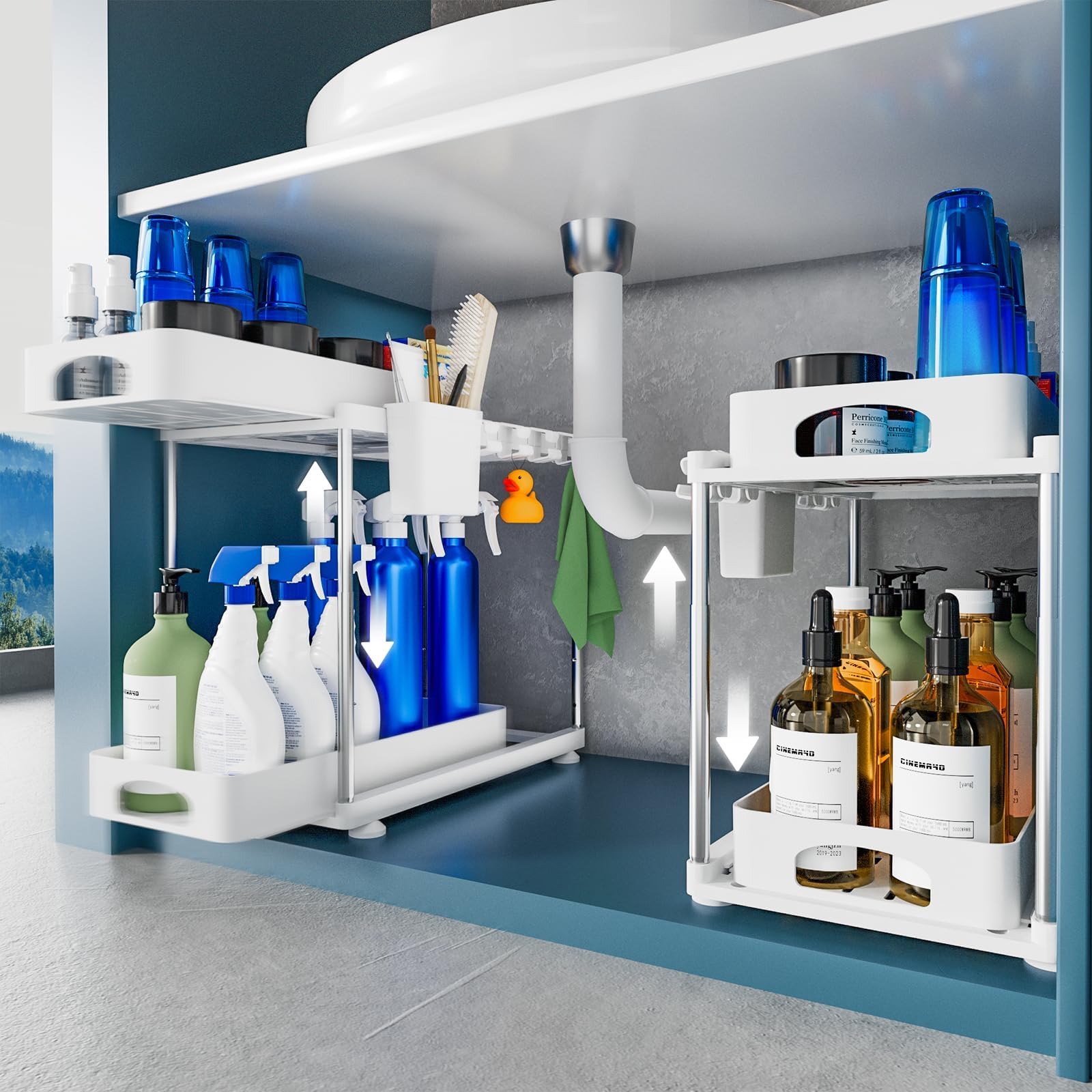 VERIFOST 2 Pack Under Sink Storage Kitchen Organiser, 2 Tier Under Sink Organiser with Two Slide-Out Drawers, Height Adjustable Undersink Storage Organiser Kitchen, White