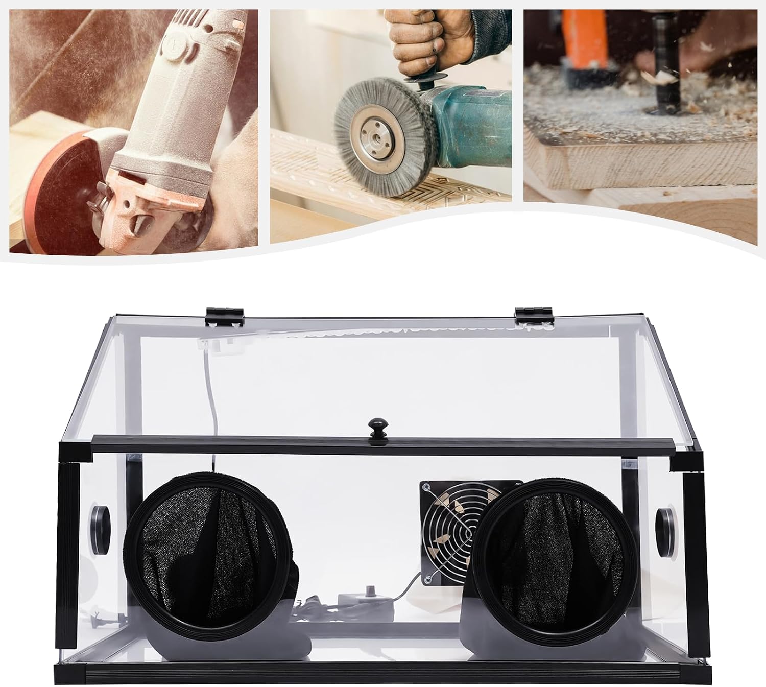 Fully Enclosed Dust Box, 110V 30W High Transparency Dust Cover with LED Light and Fan, Electric Grinding Table Polisher Dust Cover, Efficient Acrylic Dust Box for Desktop Polishing Machines