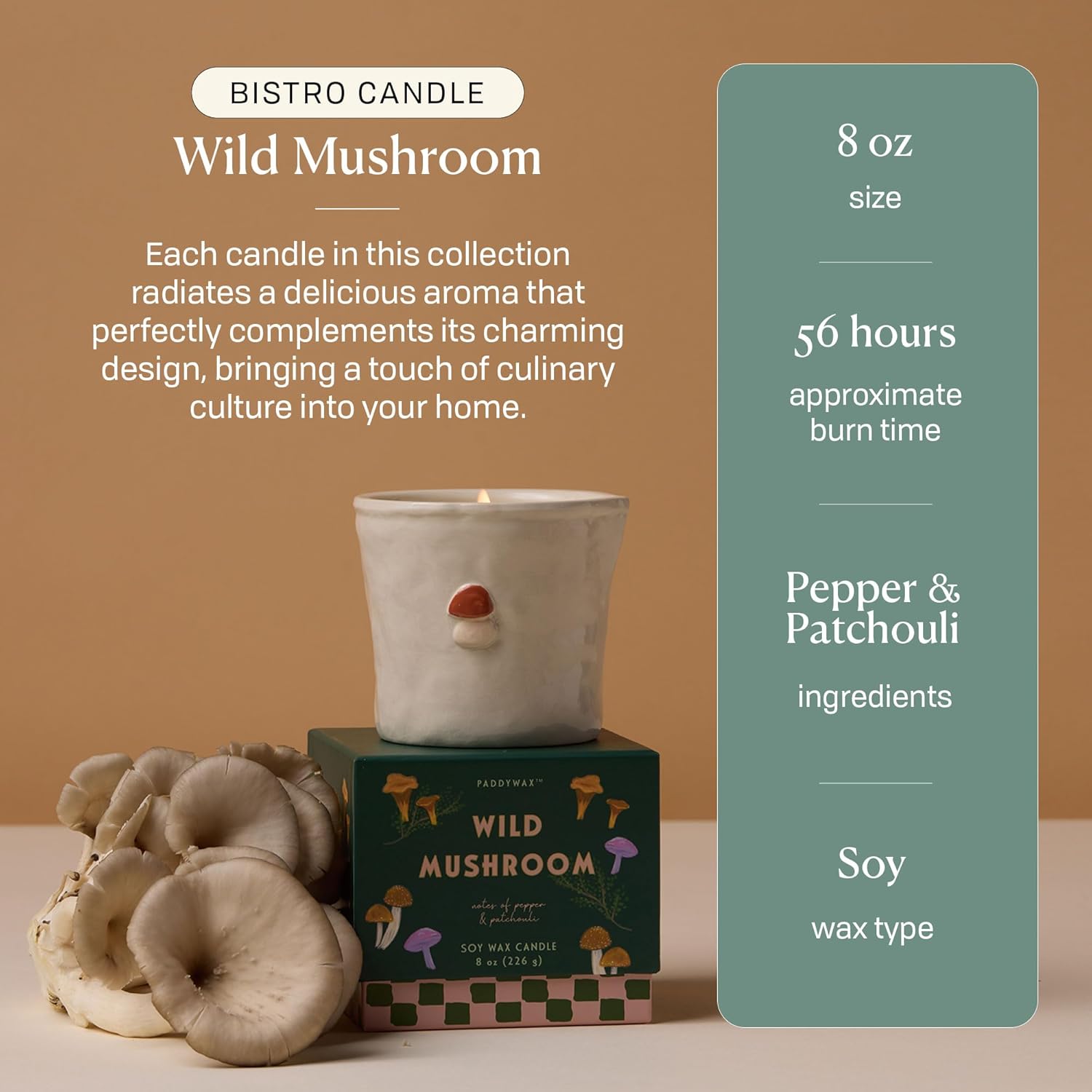 Paddywax Bistro Hand Painted Scented Candle in Ceramic Reusable Food-Safe Jar with Gift Box, Soy Candle with Approx. 56 Hour Burn Time, Wild Mushroom, 8 oz