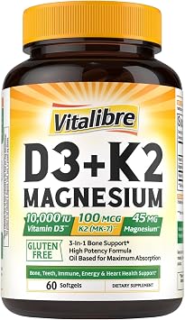 Vitalibre Vitamin D3 K2 10000 IU + Magnesium Glycinate, 60 Mini Softgels