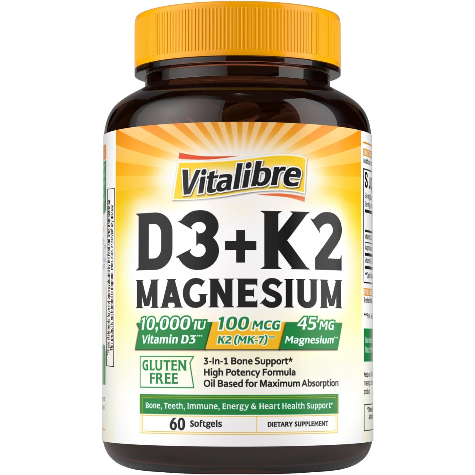 Vitalibre Vitamine D3 K2 + Magnesium Supplement, 10000 IE Vitamine D3 & 100 mcg K2, met Magnesium Glycinate, Bone, Tanden, Immune & Energy Support, Hoge Absorptie, Non-GMO, Gemakkelijk doorslikken, 60 Softgels