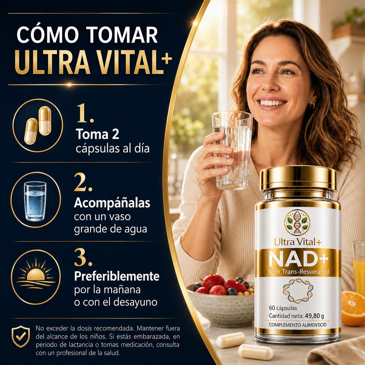 NAD Resveratrol Puro 1000 mg, NAD+ Trans-Resveratrol Sin Cafeína, 60 Cáps | NAD+ 1000 mg + Trans-Resveratrol 260 mg por dosis diaria. Pureza superior al 99%, analizada por lote. Marca española