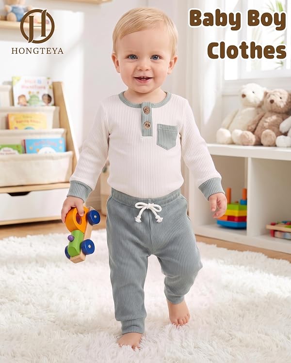 HONGTEYA Baby Boy Clothes 3-18 Months Long Sleeve Romper and Pants Sets Newborn Outfits (Off White Gray, 6-12 Months) by HONGTEYA - Used condition - Image 2