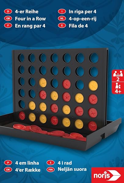 Kompaktes Reiseformat des noris Spieleklassikers 4-er Reihe mit vertikalem Stecksystem und integriertem Auffangfach.