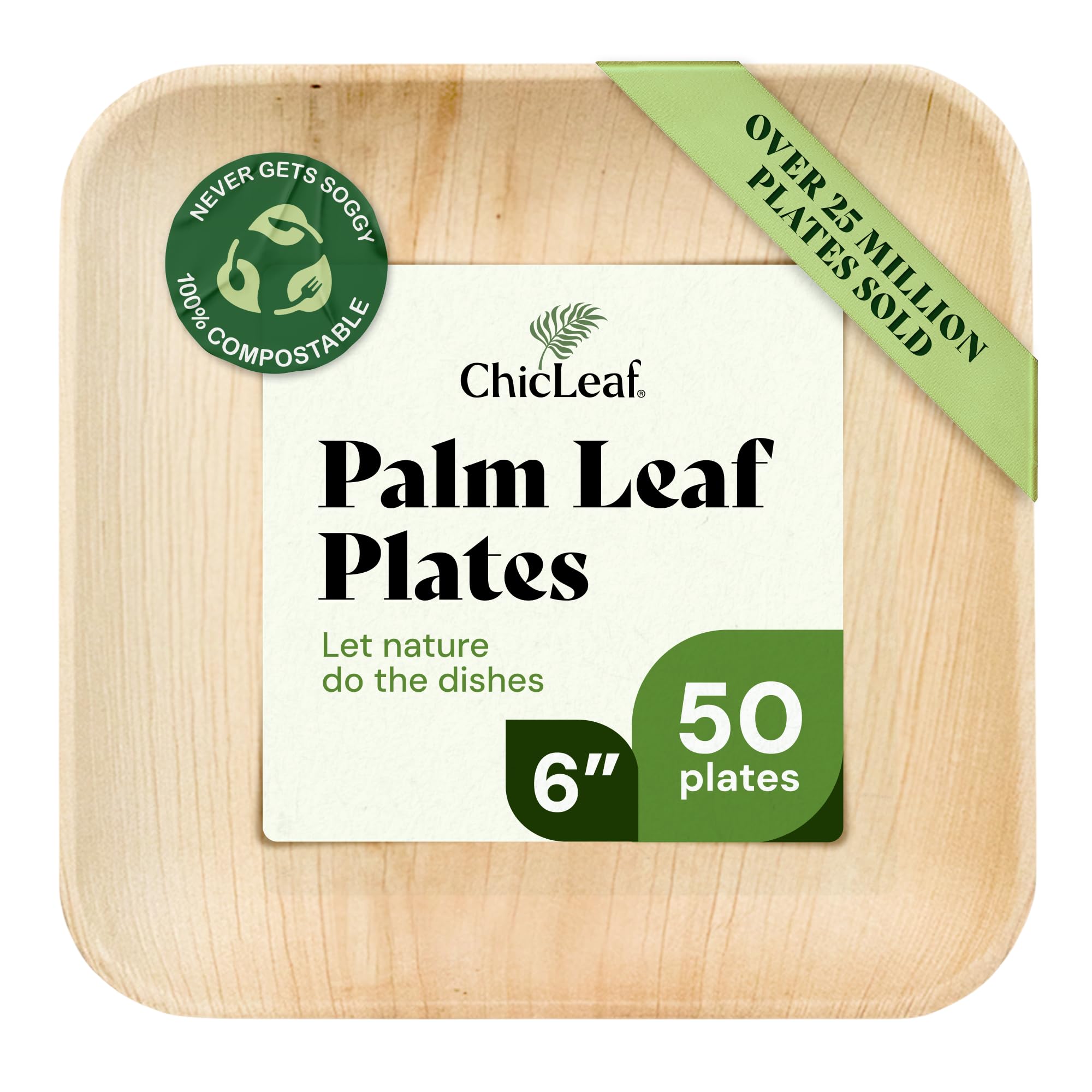 Chic Leaf Palm Leaf Compostable Plates - 6" Square, Pack of 50 - Disposable Dinnerware - Rustic Bamboo Appetizer Plates - Charcuterie Boards & Biodegradable Serviceware
