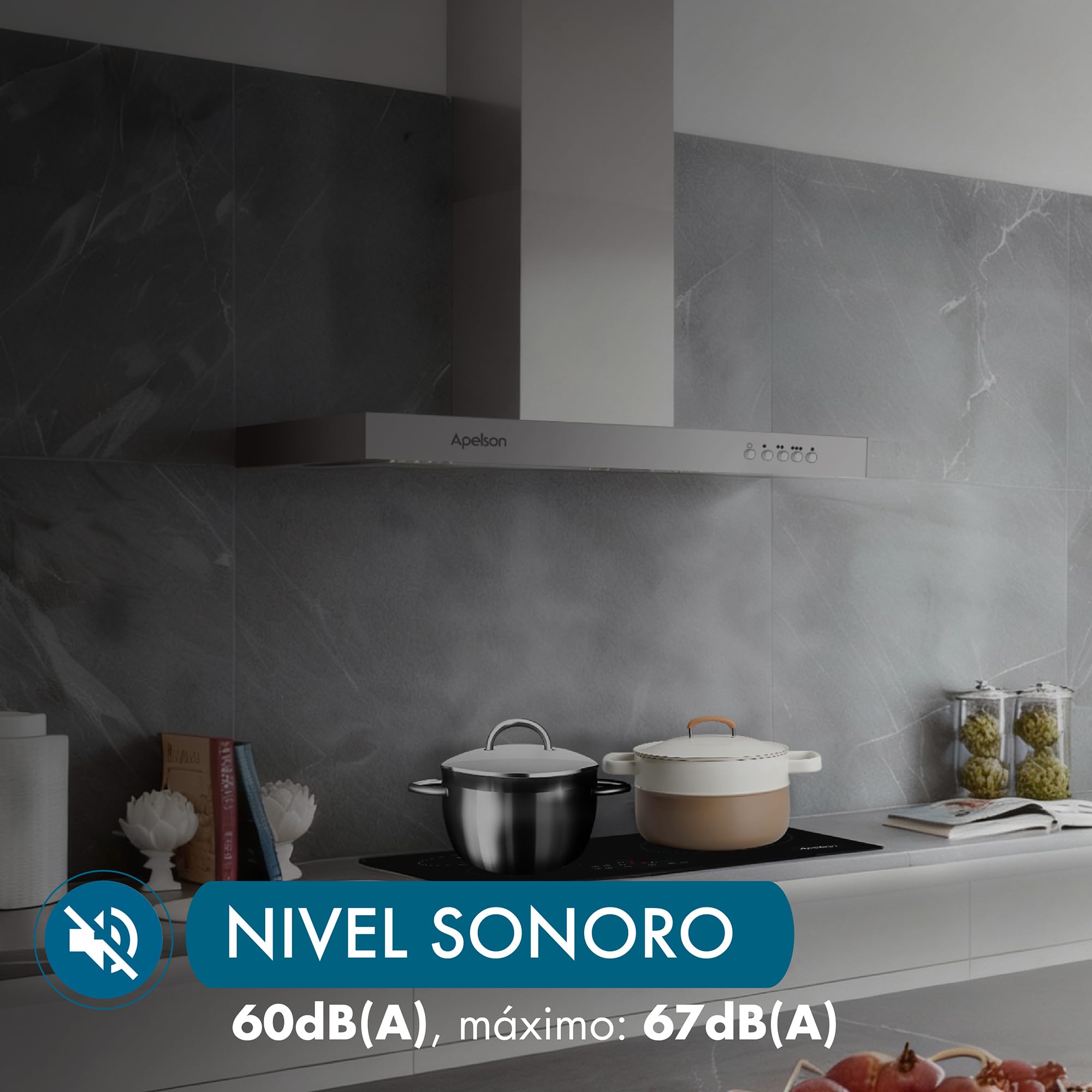 Apelson Campana extractora Cocina TALIA 601 X/A, 3 Niveles, Control Mecánico, Capacidad 301 m3/h, Silenciosa 60 dB, LED, Filtros Lavables, Consumo 67W Acero Inox