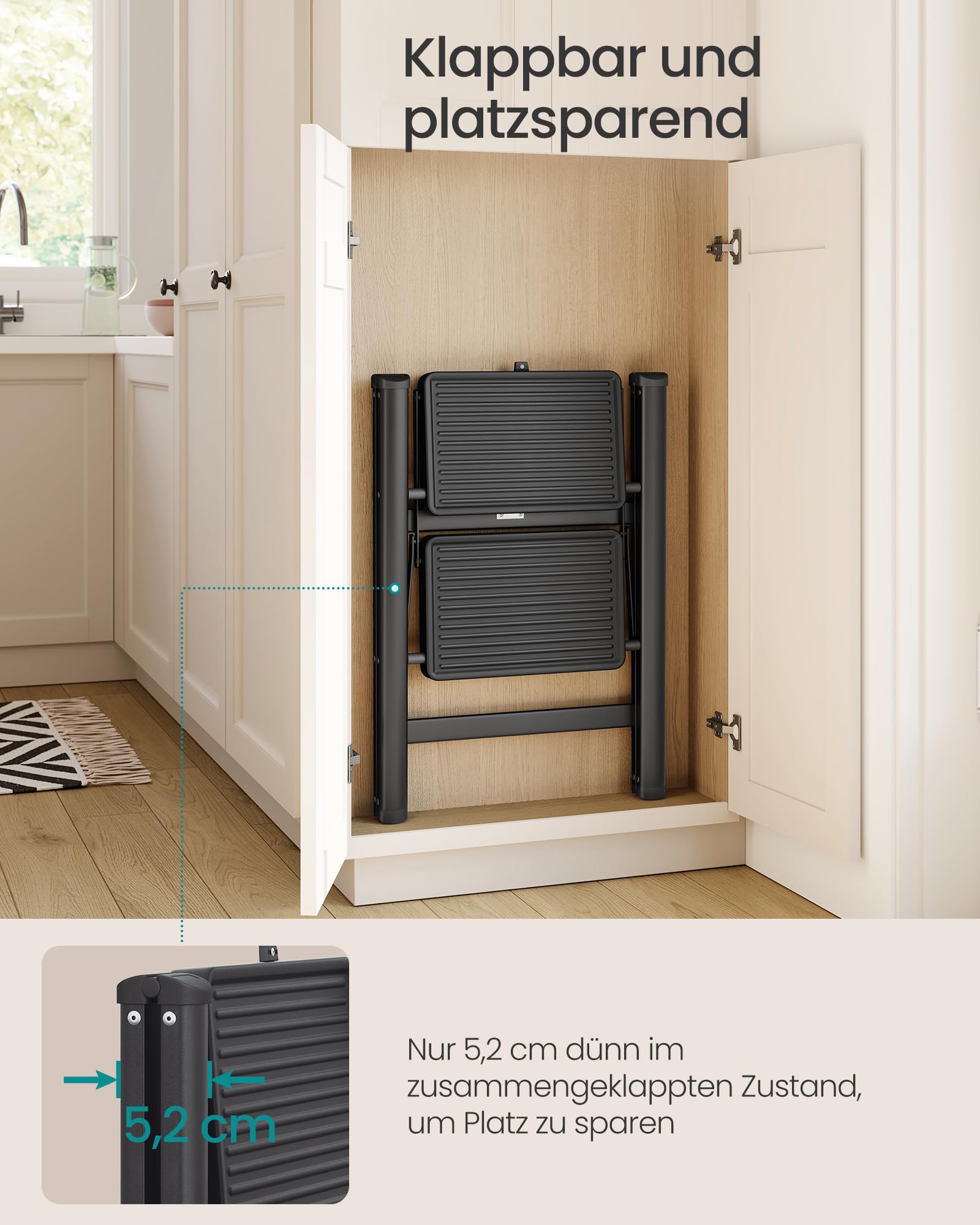 SONGMICS Trittleiter, Tritthocker klappbar, Klappleiter 2 Stufen, bis 150 kg belastbar, Leiter, aus Stahl, einfach zu verstauen, für Haushalt Büro, schwarz, 55 x 43,4 x 61,8 cm GSL102BZ01