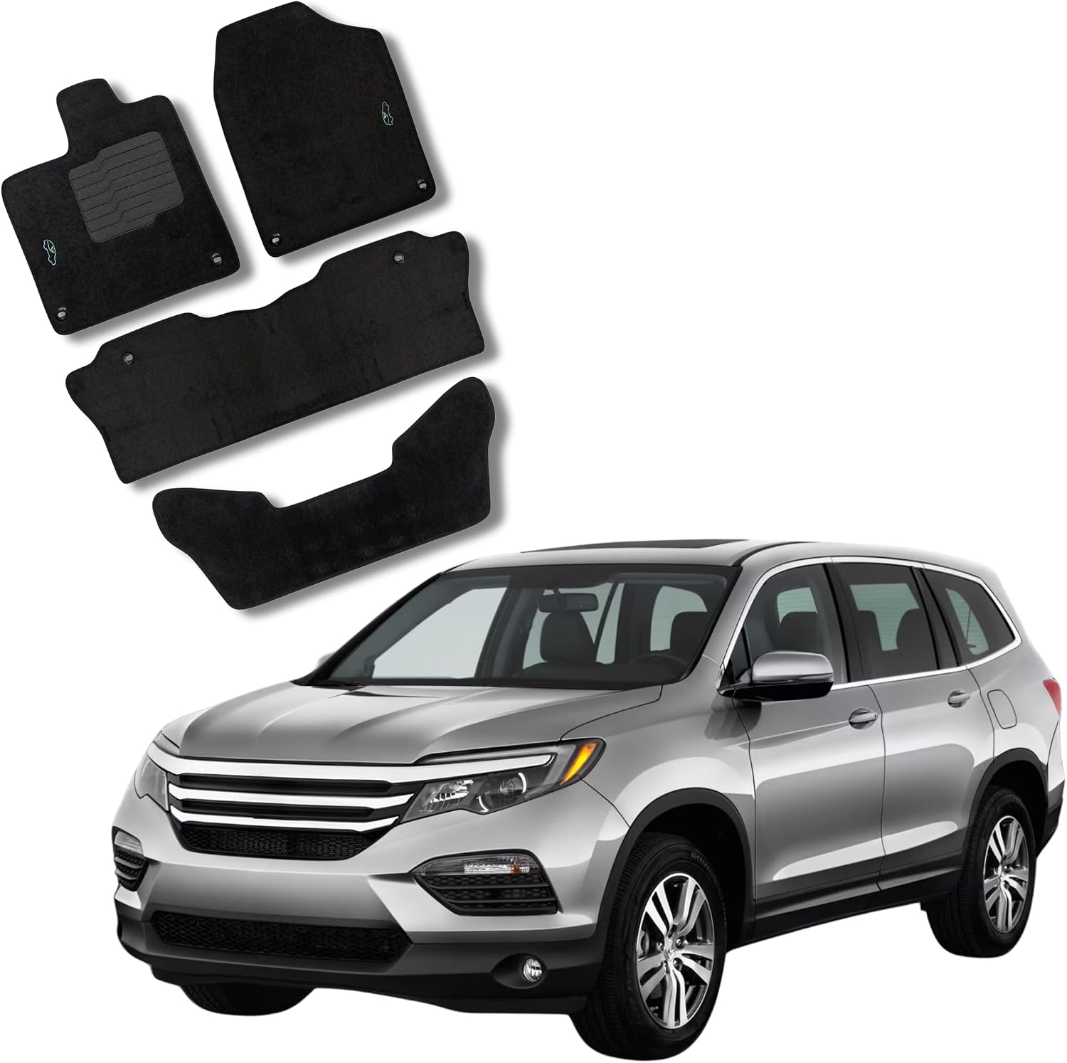 ecoMats Carpet Floor Mats Custom Fit for 2016 to 2022 Honda Pilot 7 Passengers with Driver Heel Pad and Safety Locks, Front, Rear and 3rd Row, Black - ecoMats