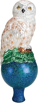 Old World Christmas Snowy Owl Tree Top Glass Blown Ornament for Christmas Tree, Handcrafted Holiday Decoration, Tree Topper Collection