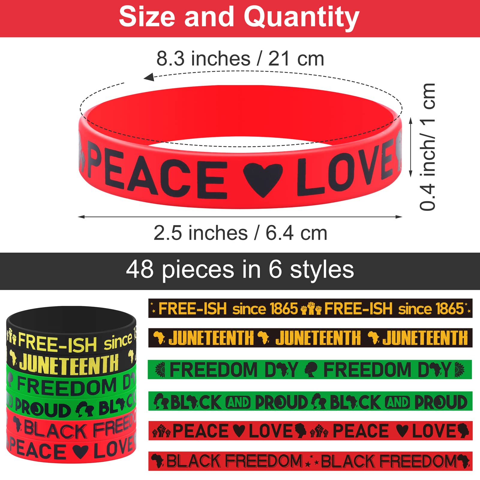 durony 48 Pieces Juneteenth Silicone Wristband Bracelets Happy Juneteenth Rubber Bracelets Freedom Day Patriotic Party Supplies for Juneteenth Holiday Decorations Gifts