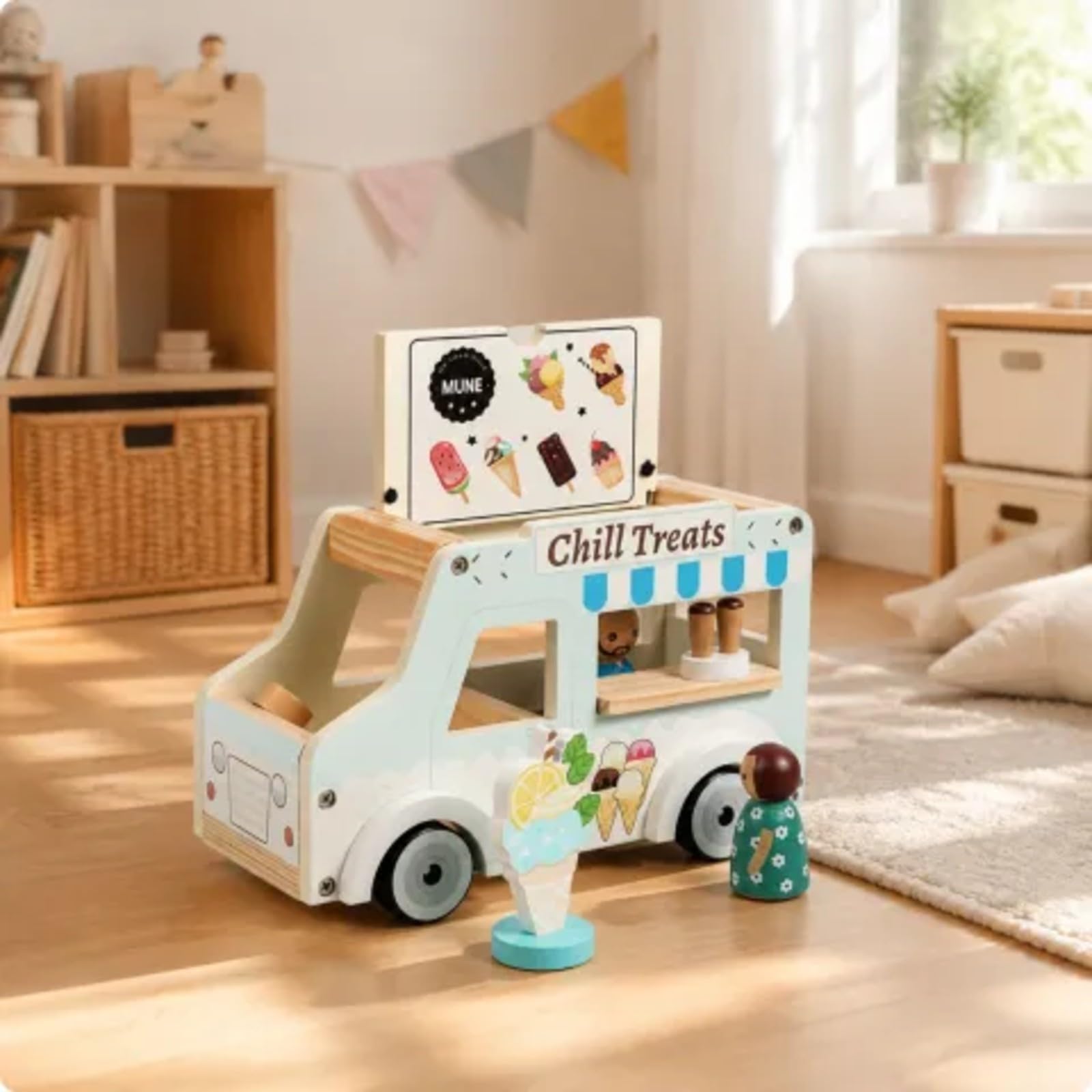 Gralara Carrello Giocattolo in Legno con Gelati E Servizio con E Ruote per Bambini Adatto per Gioco di Ruolo Interattivo E attività Creative in Cameretta.,