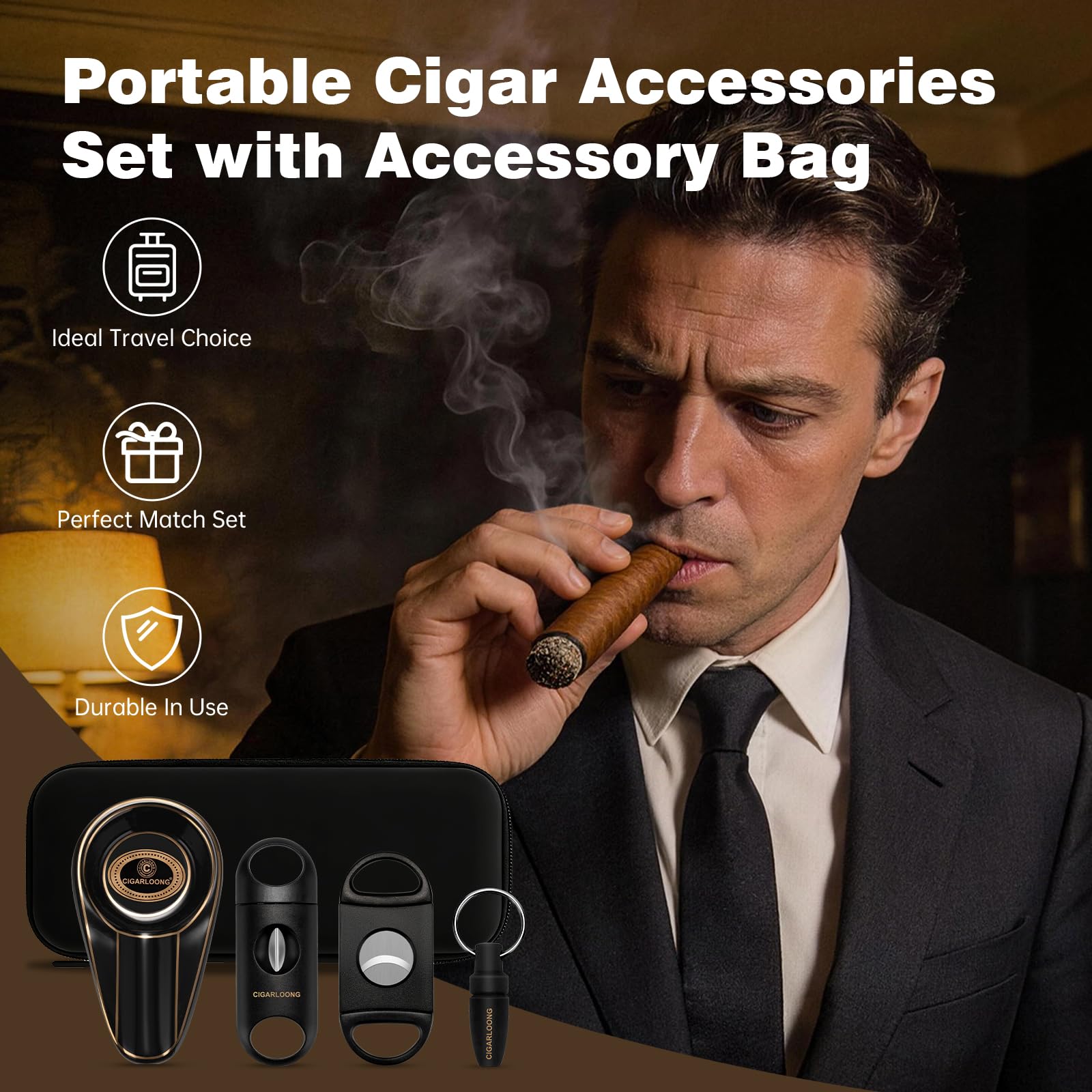 Cave à cigares de voyage - Multifonction - Portable - Avec cutter droit, coupe-V, perforateur et cendrier en céramique - Kit 4 en 1 avec sac pour terrasse, extérieur (marron)