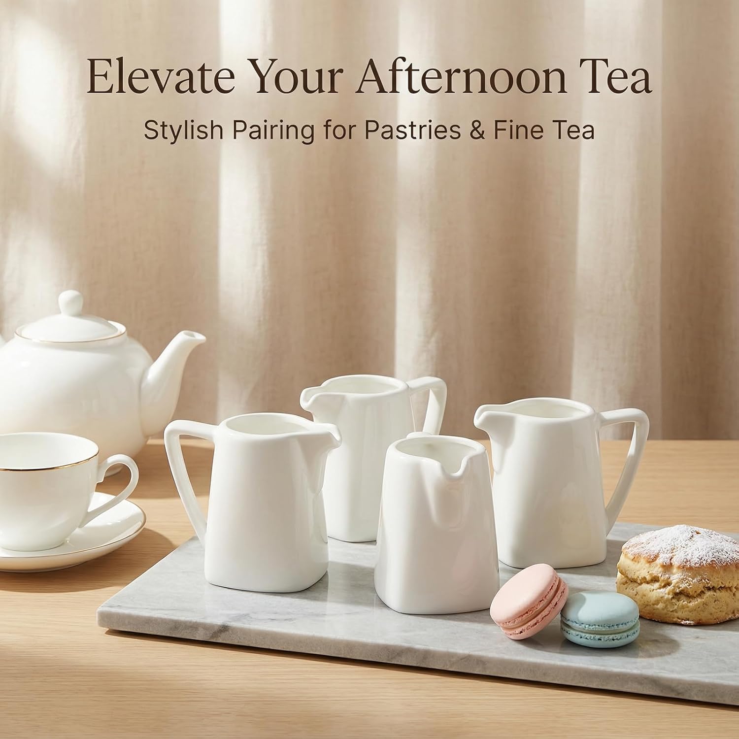 Classic White Small Creamer Pitcher with Handle 5.8 oz/170 ml, 4 Pack Fine Porcelain Square Small Milk Pitcher, Mini Gravy Boat, for Coffee Milk Sauces Salad, Microwave, Freezer Safe