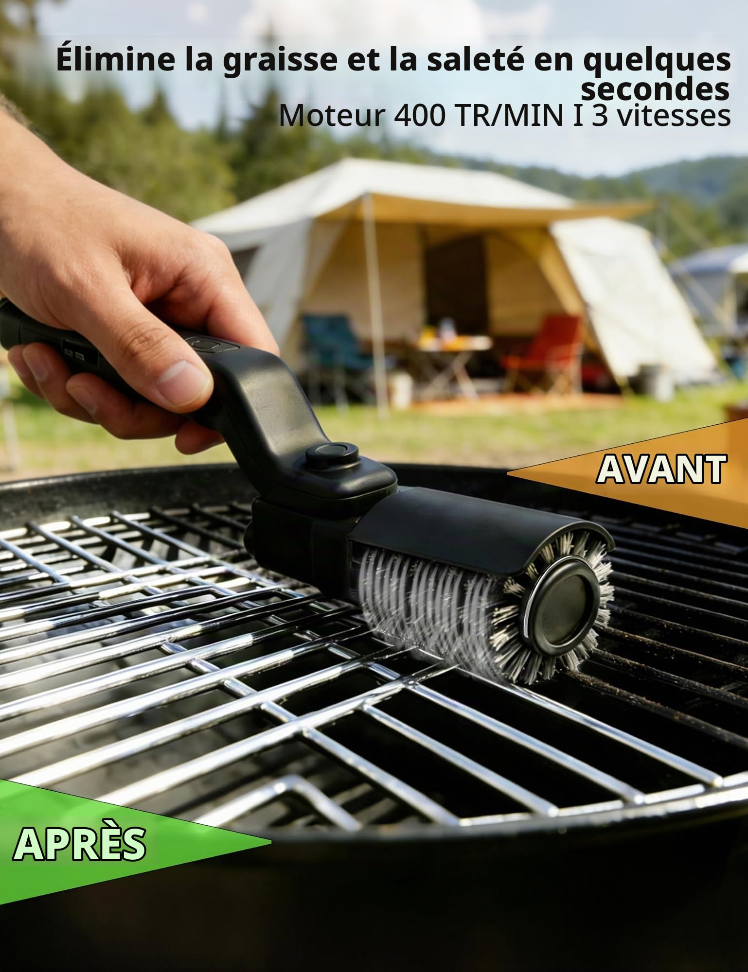 Brosse Électrique pour BBQ sans Fil, Nettoyeur de Grill Rechargeable 90 min | Idéal pour Barbecue, Grill et Plancha. 3 Vitesses de Puissance et 90 min d'Autonomie. Nettoyage Efficace et sans Effort